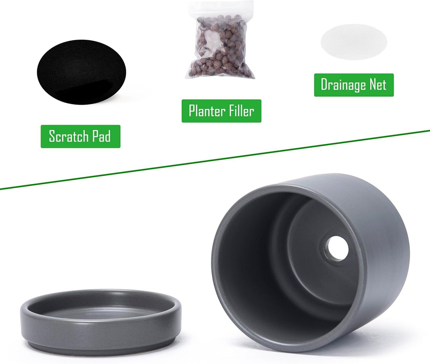 D'vine Dev Set of 4 Small Ceramic Plant Pots, 4.7 Inch Succulent Planter Pot for Plants with Drainage Hole and Saucer, Grey, 94-X-B-3