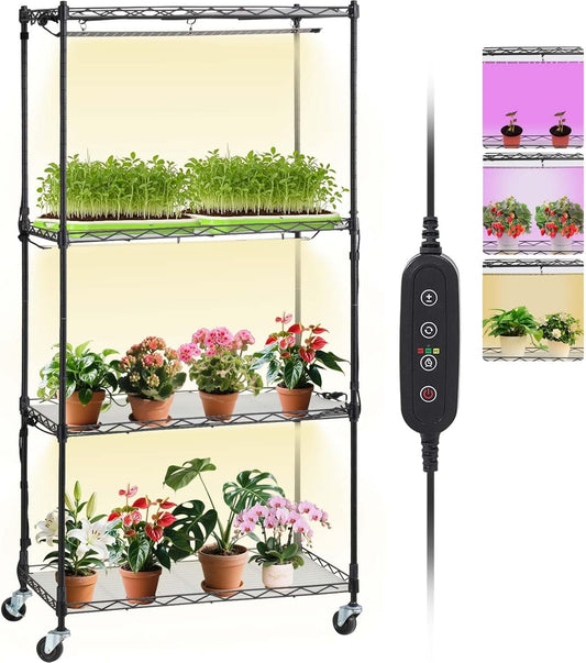 VEVOR Plant Stand with Grow Light, 4-Tier Plant Shelf with 45W Full Spectrum Grow Light, 3 Mode Plant Light with Timer and Wheel for Seed Starting, Metal Grow Light Shelf for Indoor Plants