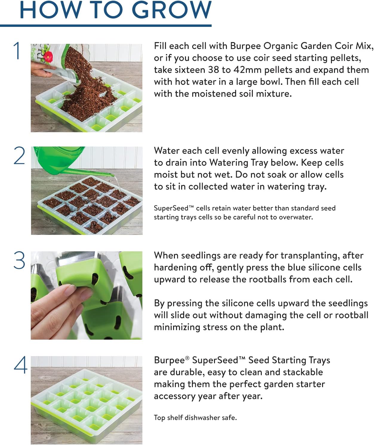 Burpee SuperSeed Seed Starting Tray | 16 XL Cell | Reusable & Dishwasher Safe | for Starting Vegetable Seeds, Flower Seeds & Herb Seeds | Indoor Grow Kit for Deep-Rooted Seedlings, Green