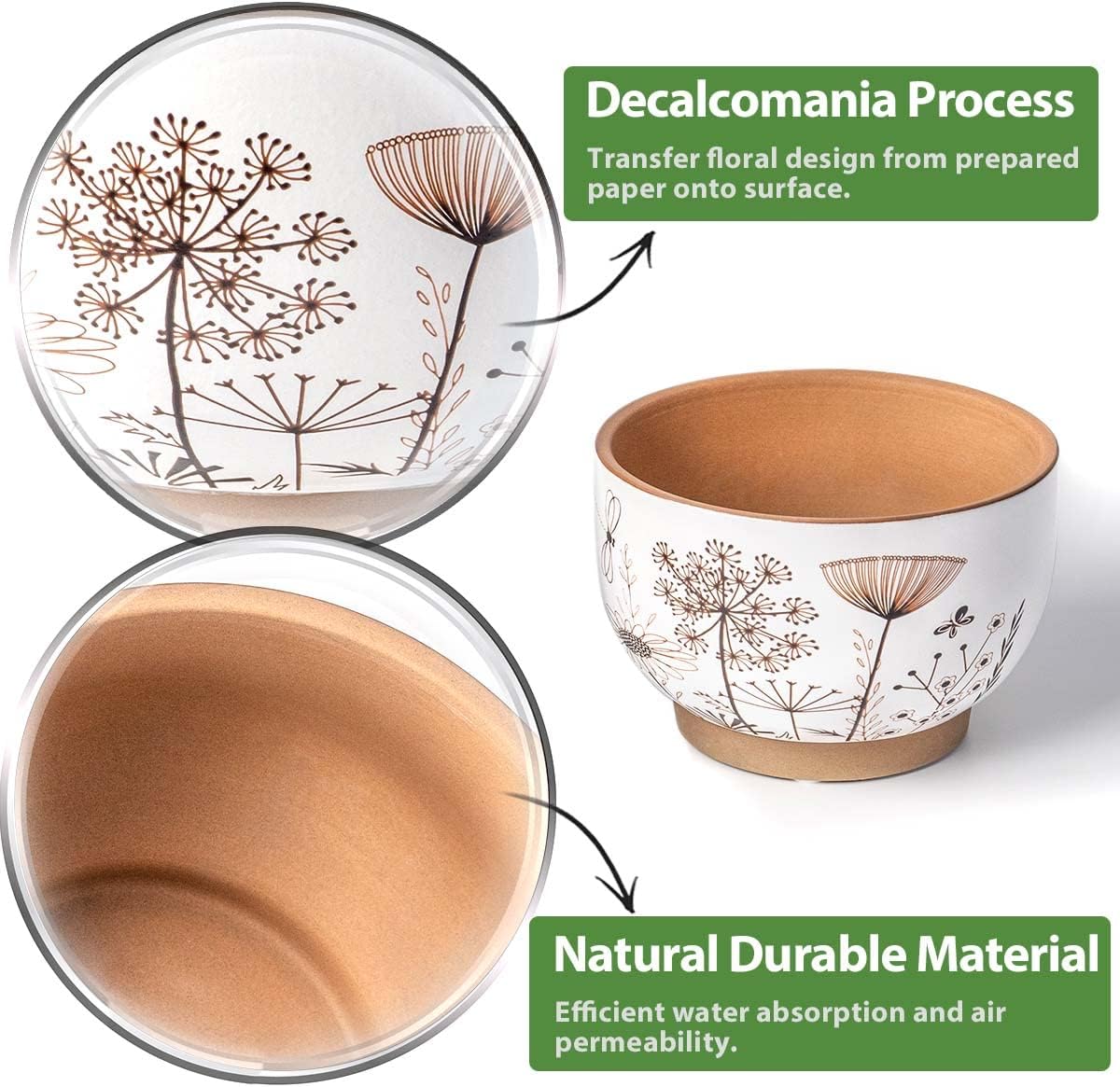 YBX 8 Inch + 6 Inch Ceramic Plant Pots, Succulent Flower Pots with Drainage Holes, Terracotta Planters for Indoor Plants, White&Terracotta (Garden)