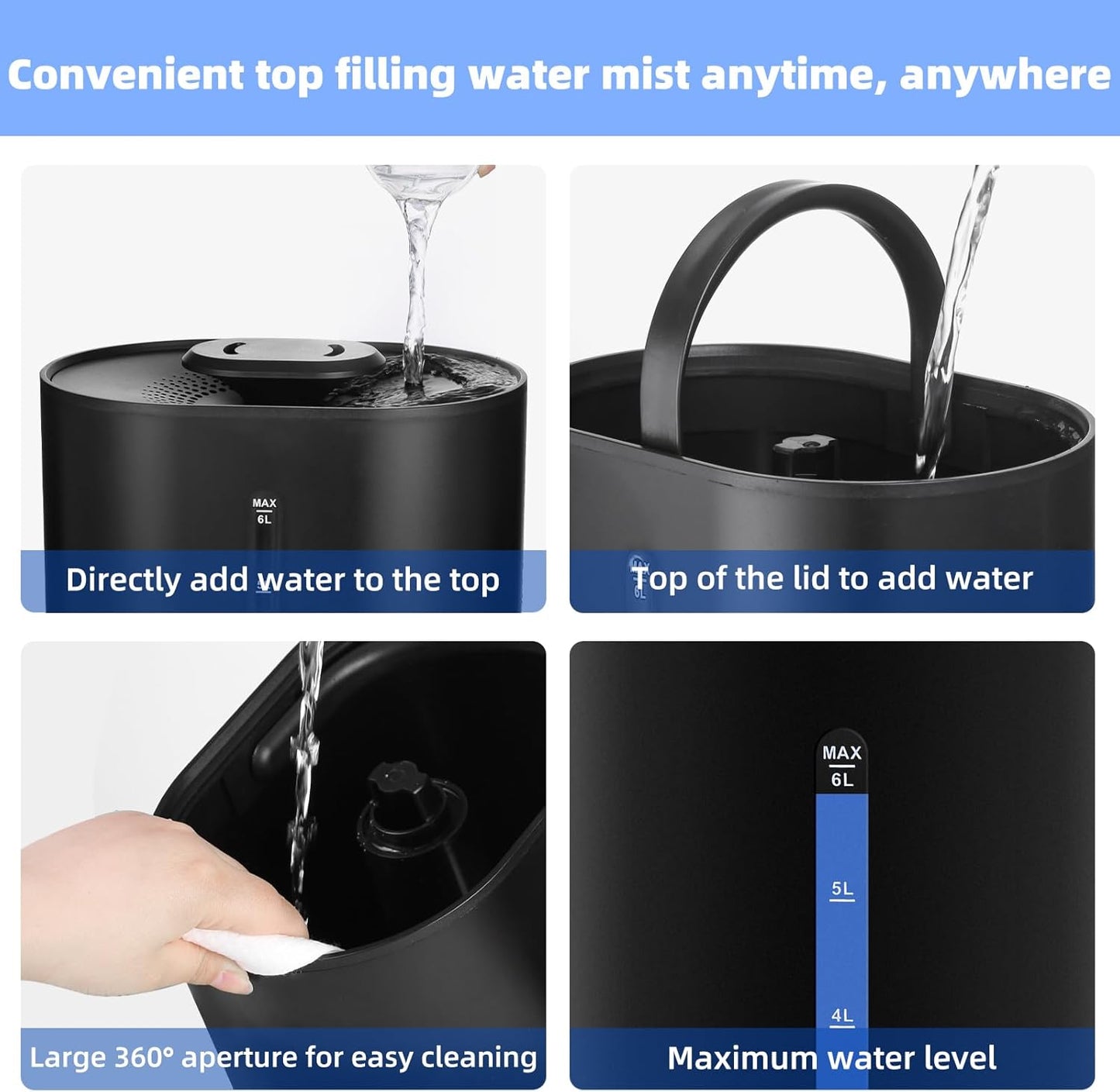 6L Humidifiers for Bedroom Large Room Home, Cool and Warm Humidifier for Plants Mist Top Fill Desk Humidifier Essential Oil Diffuser, Quiet Humidifiers with Adjustable Mist,360°Nozzle-Midnight Black