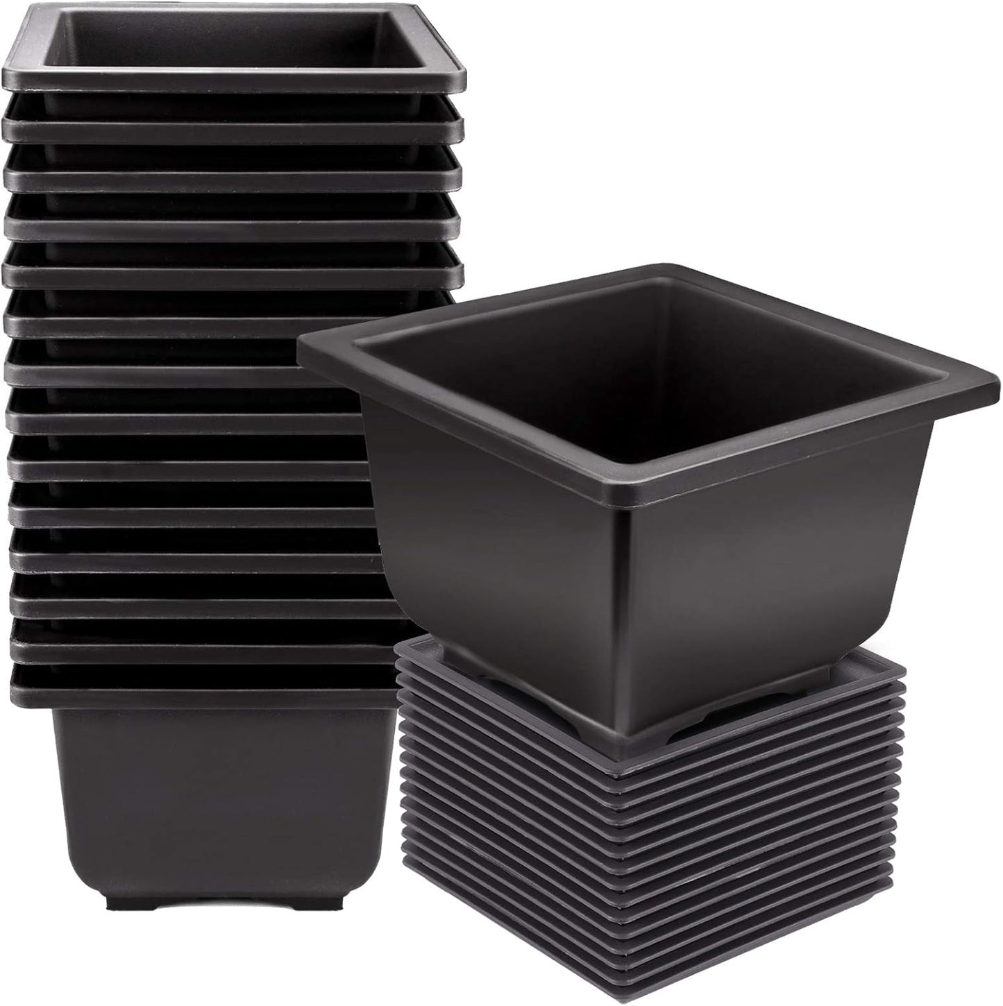 KINJOEK 15 PCS 4.7 Inch Plant Pot, Square Plastic Bonsai Training Pots, Flower Succulent Pots Container for Garden, Indoor, Home Decorative with Square Trays 5.3 Inch