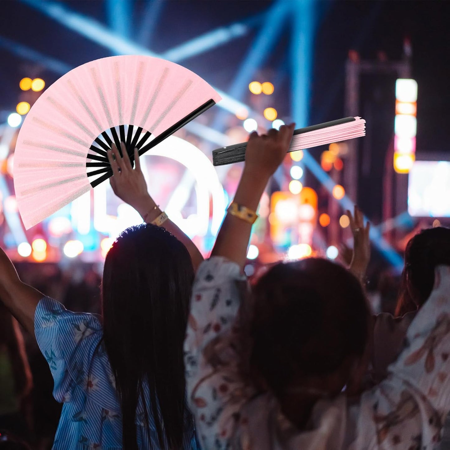 Maitys 2 Packs Large Clap Fans for Line Dancing Large Chinese Folding Hand Fans for Men and Women, Festival, Tai Ji, Kungfu, Martial Art, Gifts (Glitter Silver and Pink)