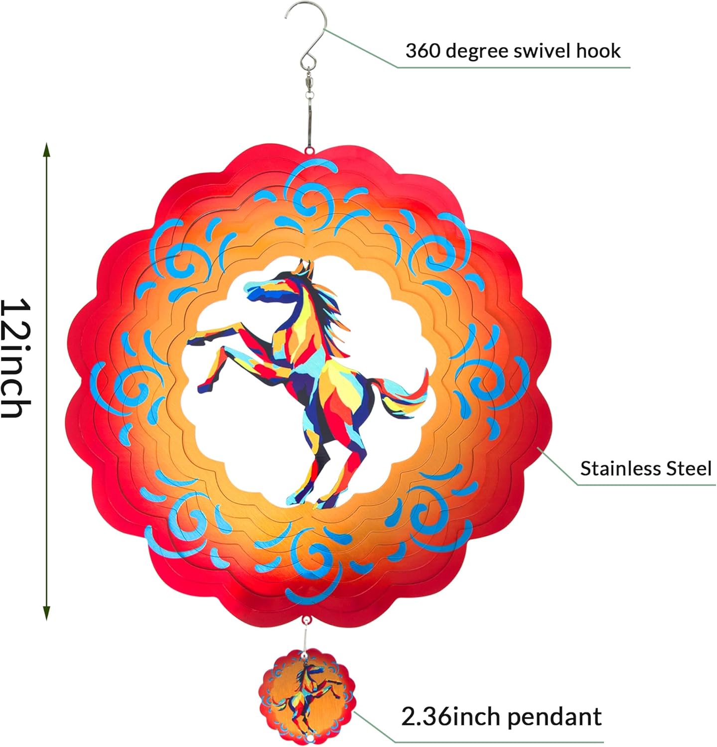 12 inch Horse 3D Stainless Steel Wind Spinners, Hanging Garden Spinner Kinetic Art Garden Decorations, Reflective Wind Sculpture for Indoor/Outdoor Decor