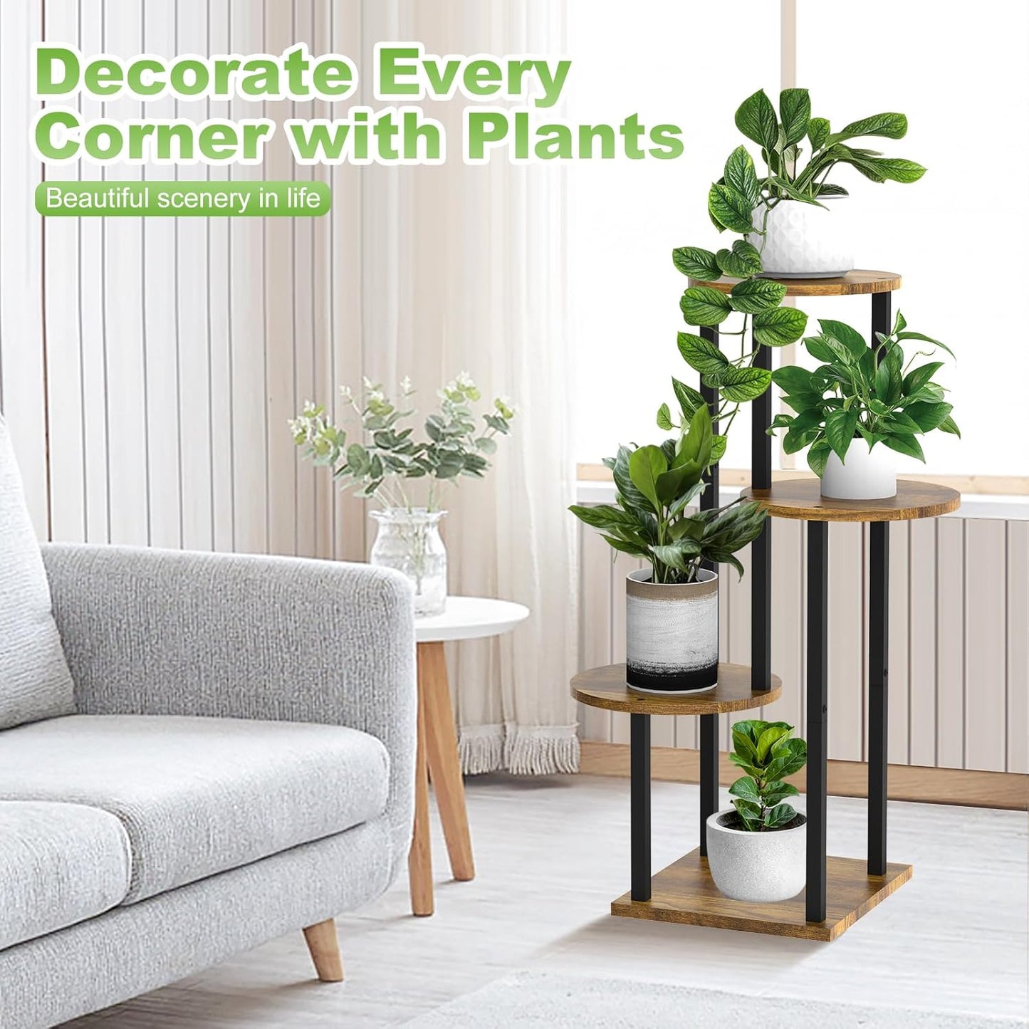 4 Tier Wood Tall Plant Stand Metal Rack Indoor, Multiple Flower Pot Holder Shelves Corner Rack, Round Planter Shelf Display Rack Storage Organizer for Patio Living Room Balcony(Black)