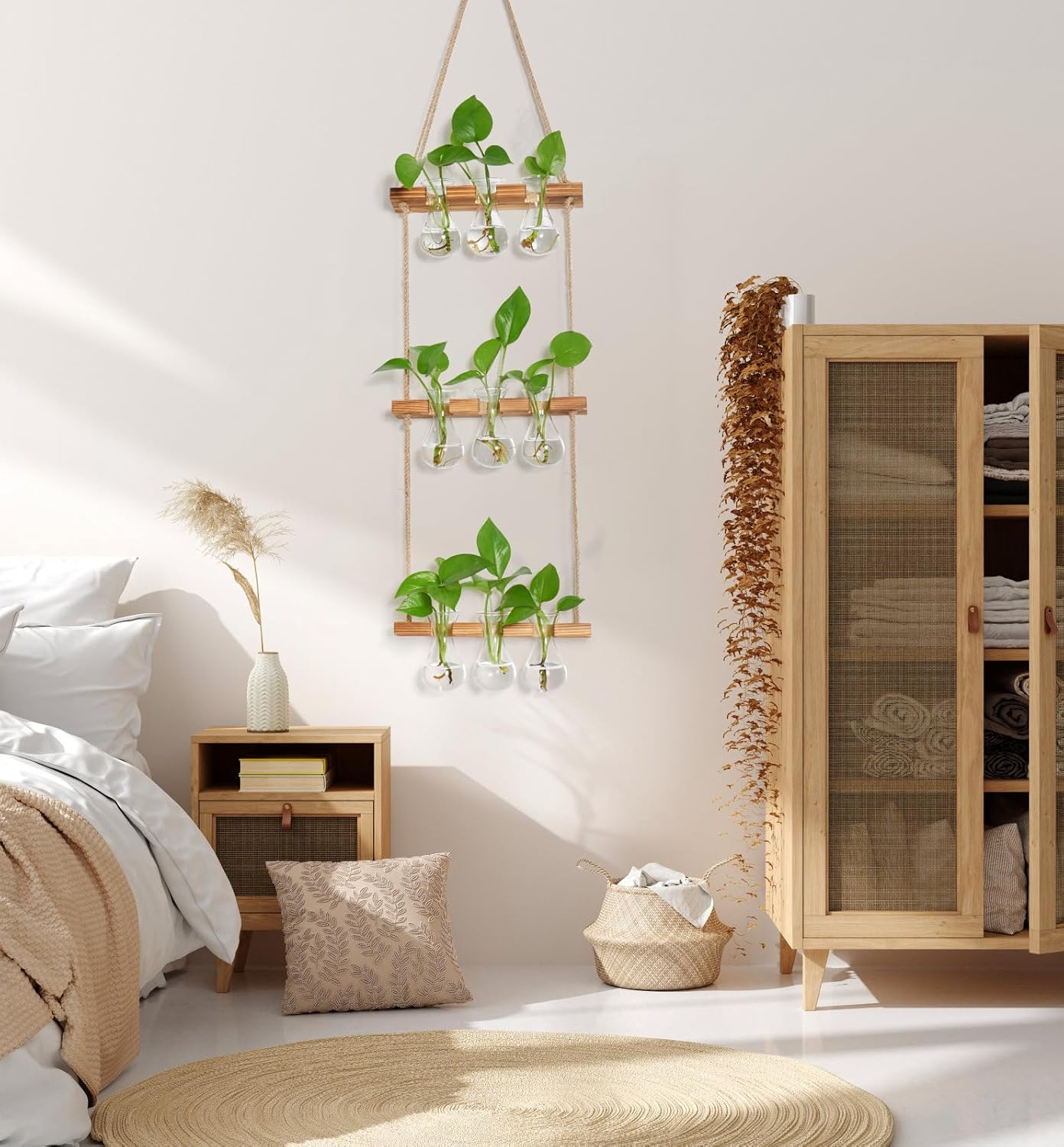 3 Tiered Plant Propagation Station - Wall Hanging Terrarium with Wooden Stand Indoor 9 Teardrop Vase Glass Planter for Hydroponic Plants Cutting Flower Plant Lover Gift