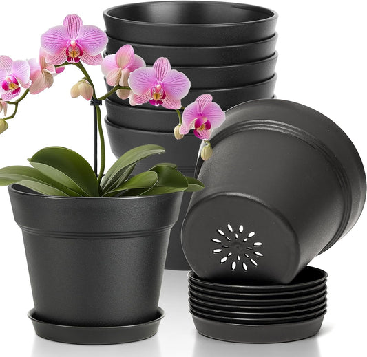 T4U 6 Inch Plant Pot 8-Pack, Plastic Planter with Drainage Hole and Saucer, Decorative Nursery Pots Bulk for African Violet, Snake Plant, Succulent, Herb and Plants Indoor (8 Pcs 6" Pots, Black)