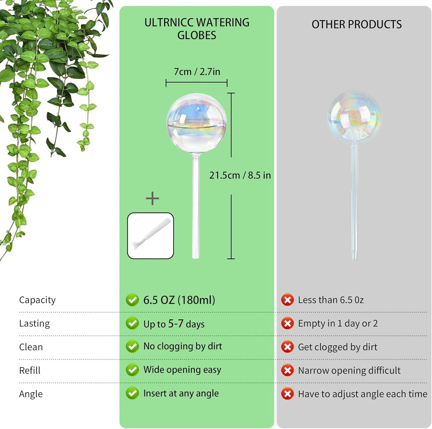 6.5oz Self Watering Globes (4 Pack),Medium Glass Plant Water Bulbs for Indoor Plants, Automatic Drip Irrigation,Light Iridescent Watering Stakes for Vacation & Daily Use (Slow-Release Hydration)