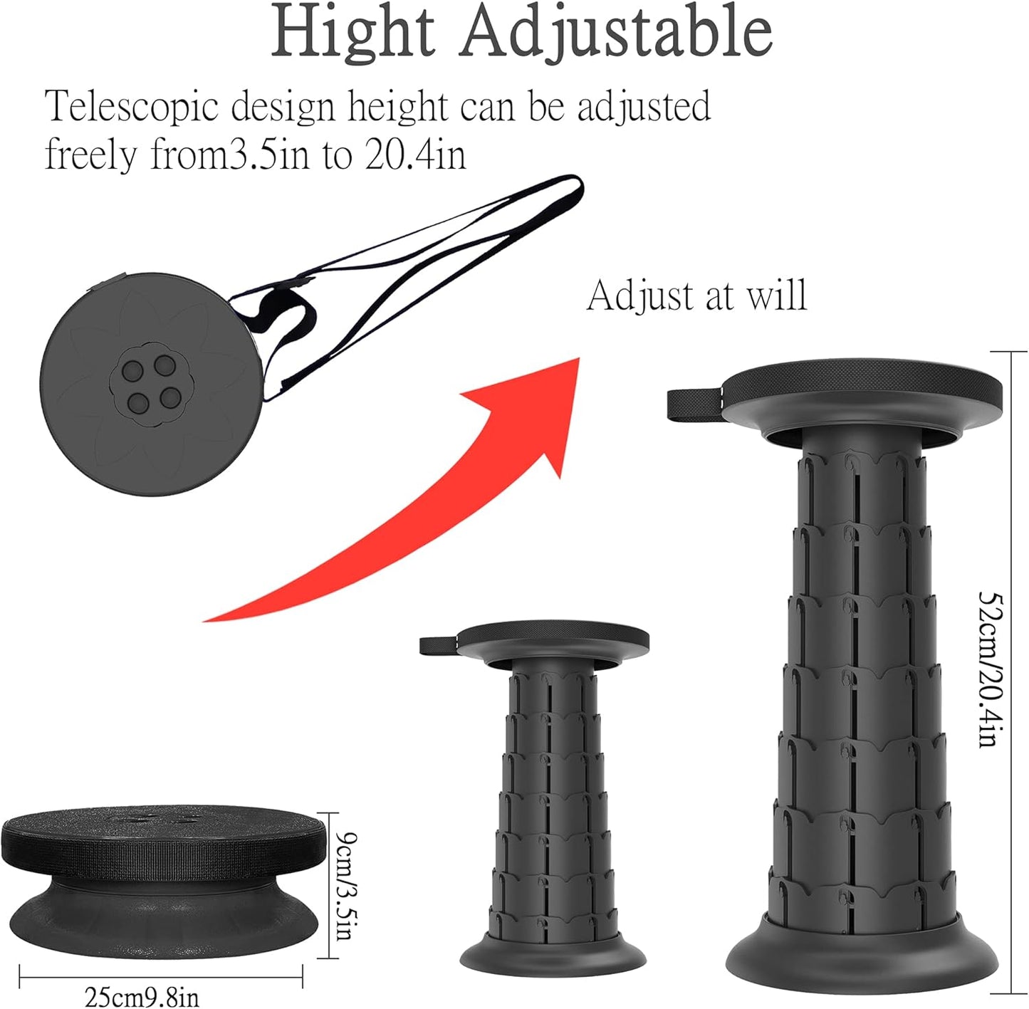 ALEVMOOM Upgraded 20.4" Portable Collapsible Folding Stool with Cushion Retractable Telescoping Stool for Adults Sturdy Capacity 550lbs Camping Chair for Outdoor Hiking Garden BBQ with Bag