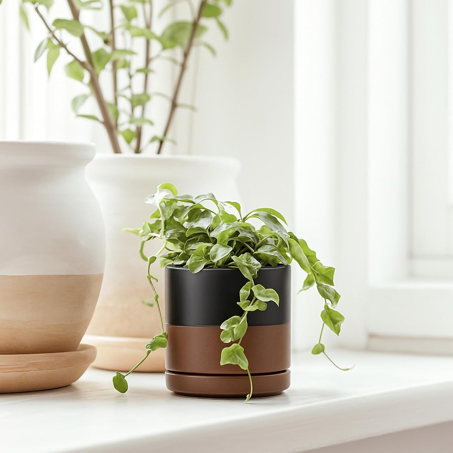 D'vine Dev 3.5 Inch Ceramic Planter Pot with Drainage Hole and Saucer, Indoor Cylinder Round Planter Pot, Black/Speckled Tan, 94-O-A-7