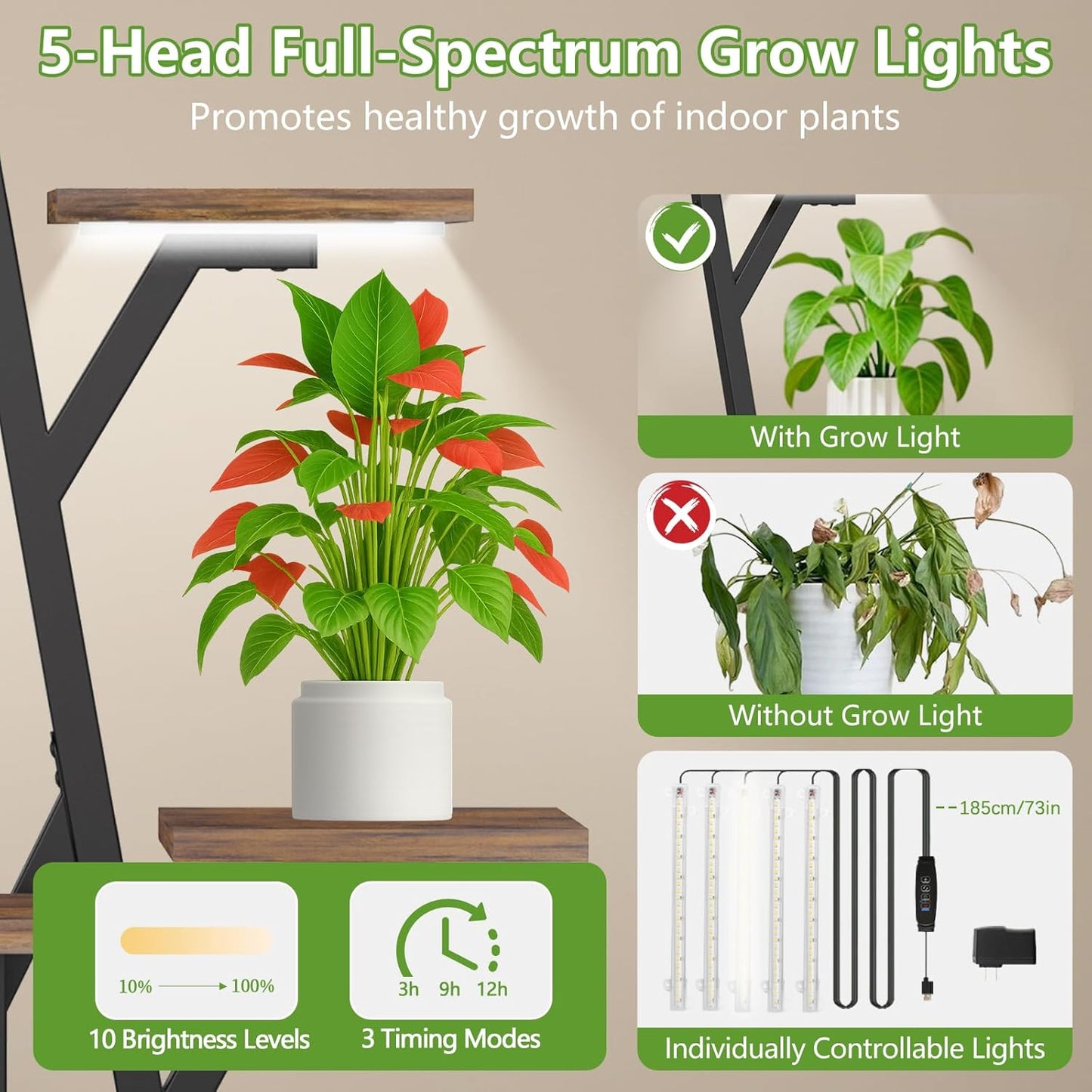 Plant Stand Indoor with Grow Lights - 10 Tiered Plant Shelf with 2 Removable Drawers, 65" Tall Plant Shelf with Grow Light Holds 13 Pot Plants, Christmas Tree Shaped Plant Stand for Home, Living Room