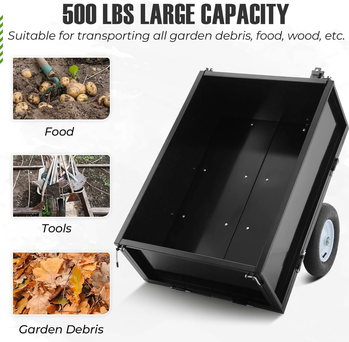 500LB Heavy Duty Steel Dump Cart Trailer - 11.4 Cu Ft Capacity Tow Behind Utility Trailer for ATV, Lawn Tractor, Riding Mower - Removable Tailgate & Dumping Feature, Black