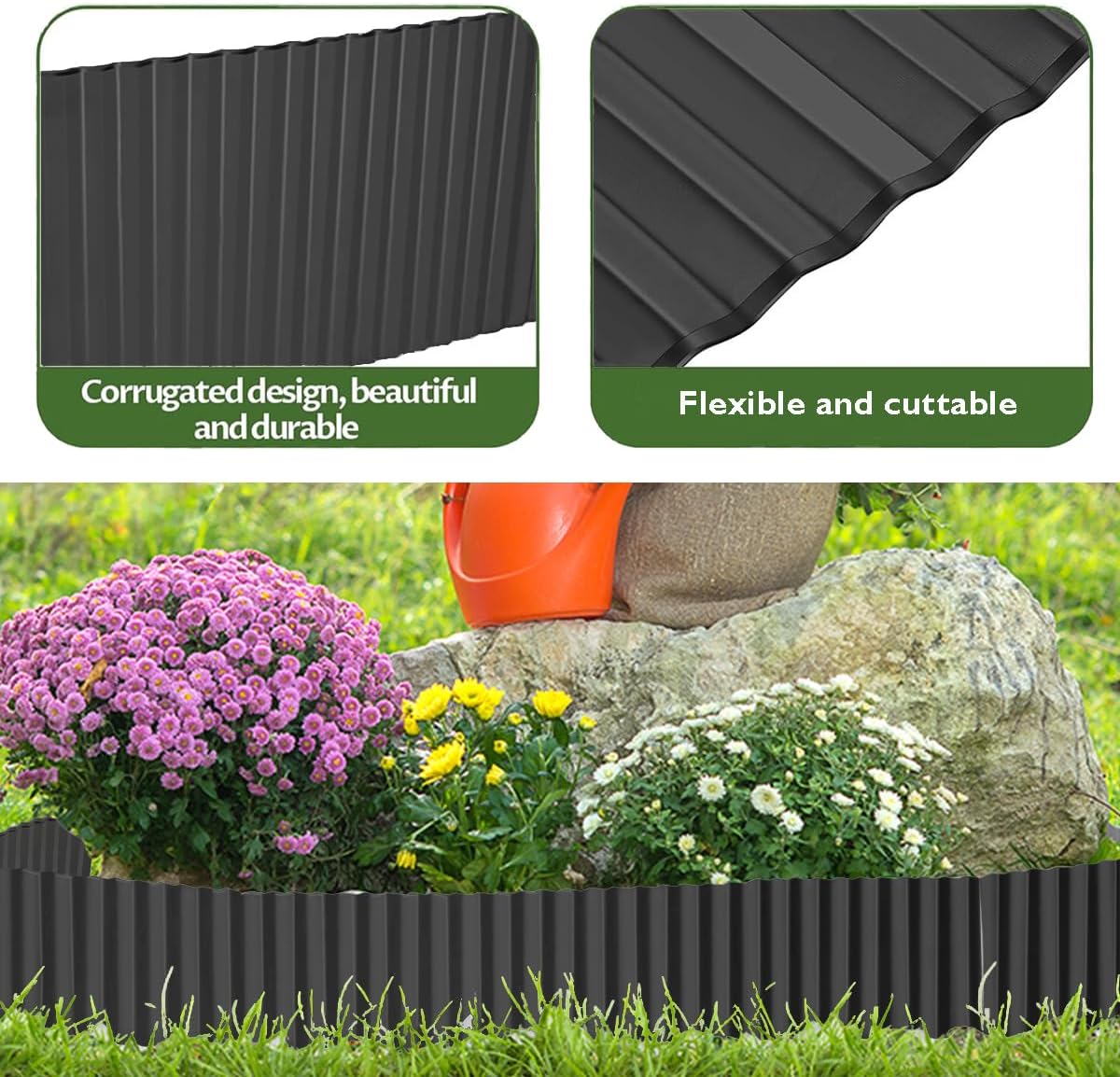 Landscape Edging Border 6inch x 40ft- Corrugated Metal Garden Edging - Lawn Edging Borders - Galvanized Edging Long Strips Yard Border for DIY Flower Beds, Plants, Walkways-Black