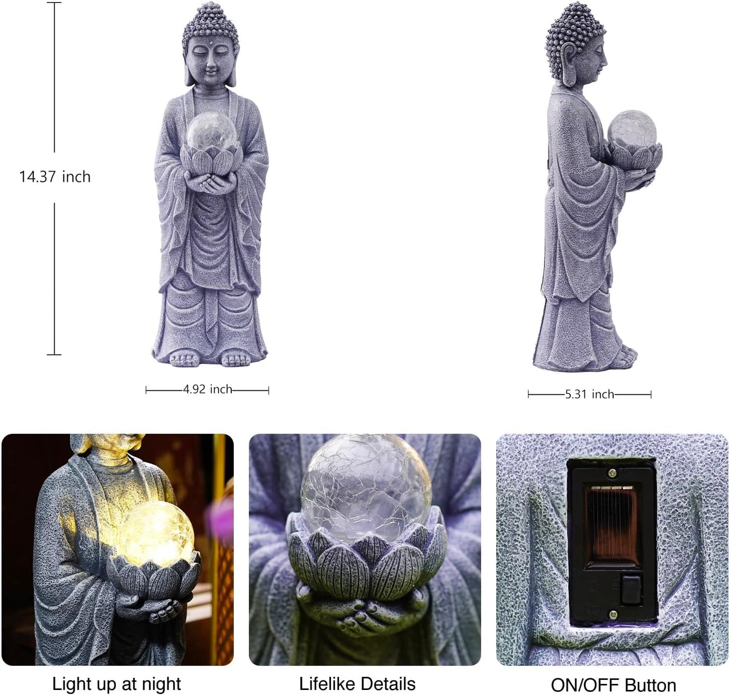 Goodeco Buddha Statue with Solar Lotus – 14.4 Inch Tall Large Garden Buddha Statue for Outside, Outdoor Zen Garden Statues