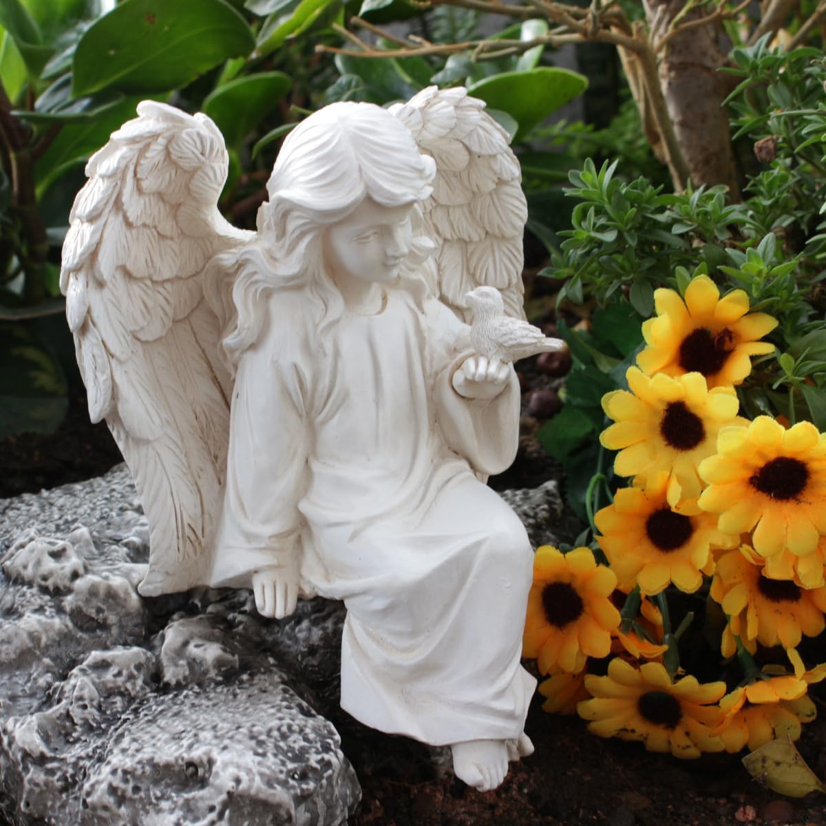 Angel Garden Statue, Sitting Angel Sculpture, Resin Angel with Bird Figurine for Patio Yard Porch Lawn Outdoor Decor Home Shelf Sitter Memorial Spiritual Gifts