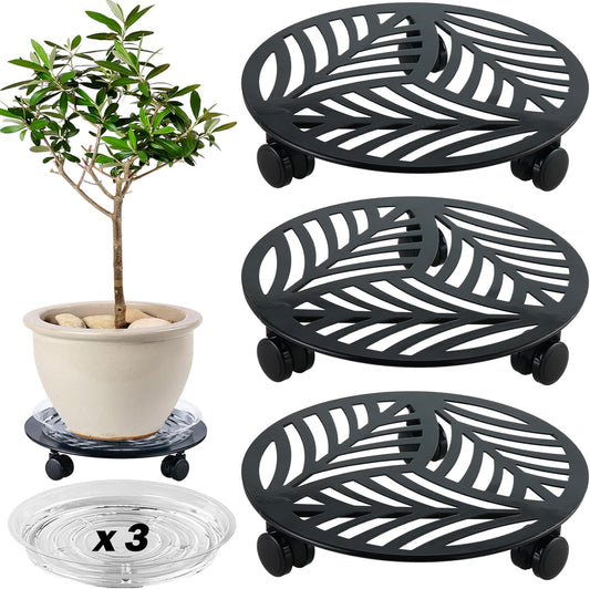 3 Packs Large Metal Plant Caddy with 3 PU Wheels 12" Heavy-duty Wrought Iron Rolling Plant Stands Indoor Outdoor Wheeled Plant Dolly Planter Mover Rollers Plant Trolley Cart, Plant Saucers Included