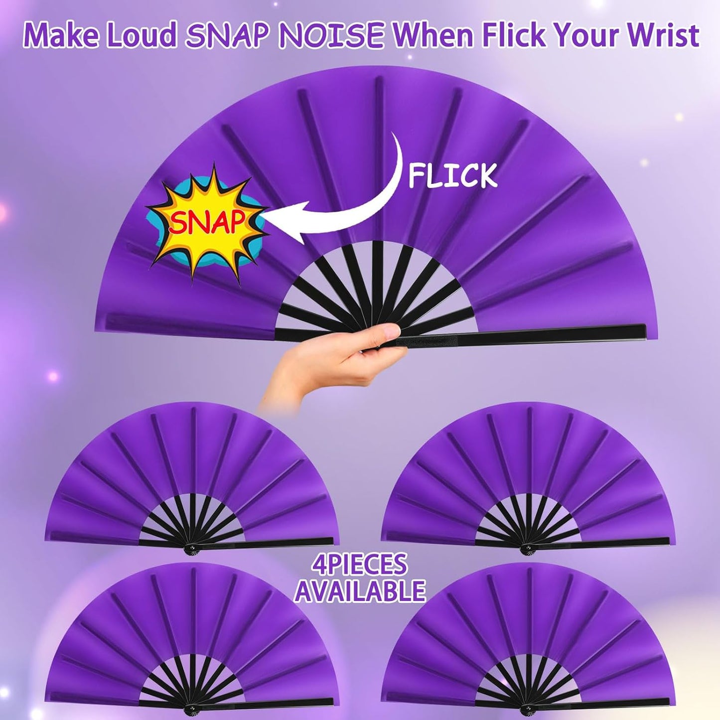 Blulu 4 Pcs 13 Inch Large Folding Hand Fans for Line Dancing Big Clapping Popping Raves Fans Bulk for Dancing Boots on The Ground Festival Party Decoration(Classic Style, Purple)