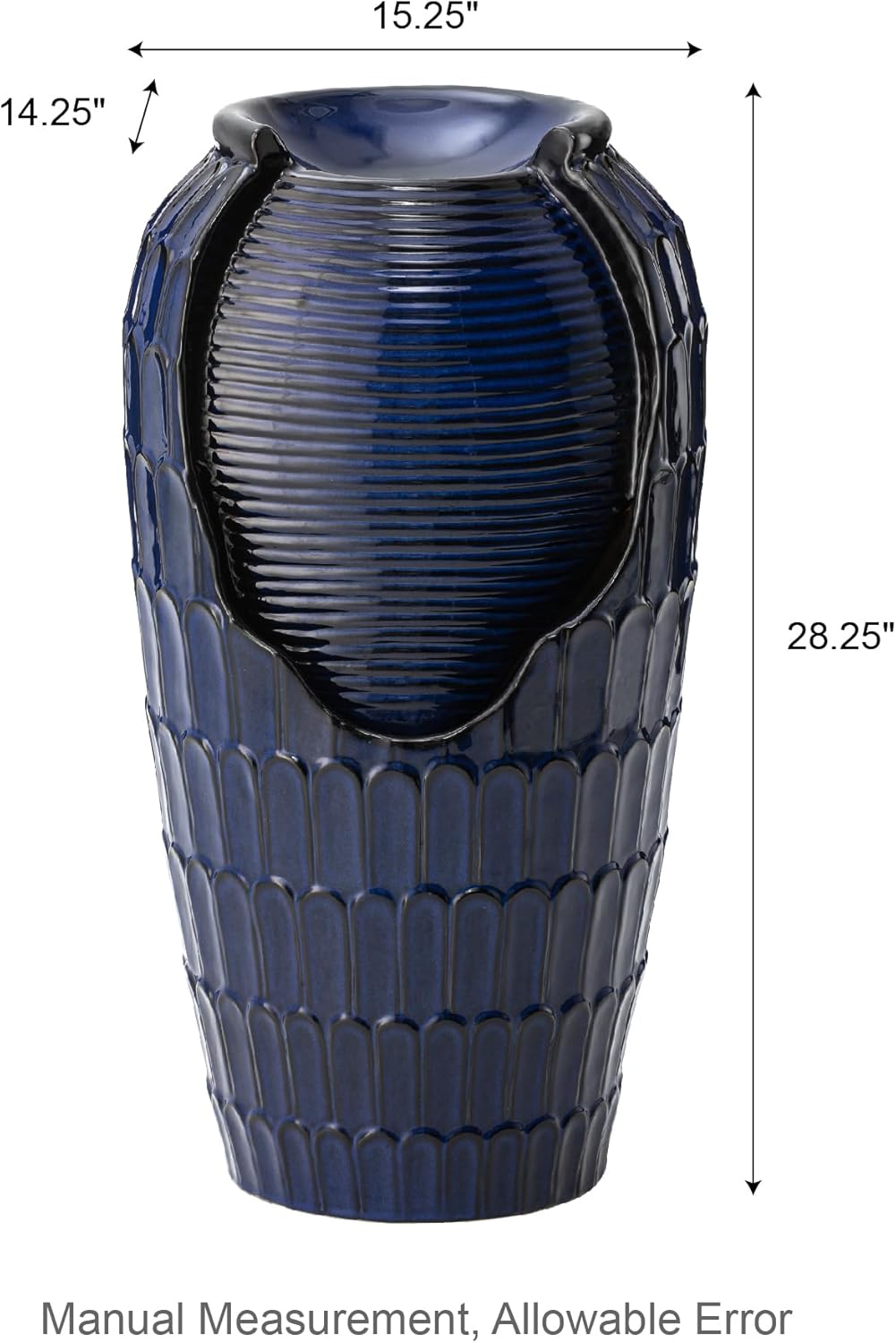 Glitzhome 28.25" H Oversized Ceramic Petals Textured Jar Outdoor Water Fountain, Vintage Cobalt Blue Glaze Vase Patio Garden Waterfall Fountain with LED Light and Submersible Pump