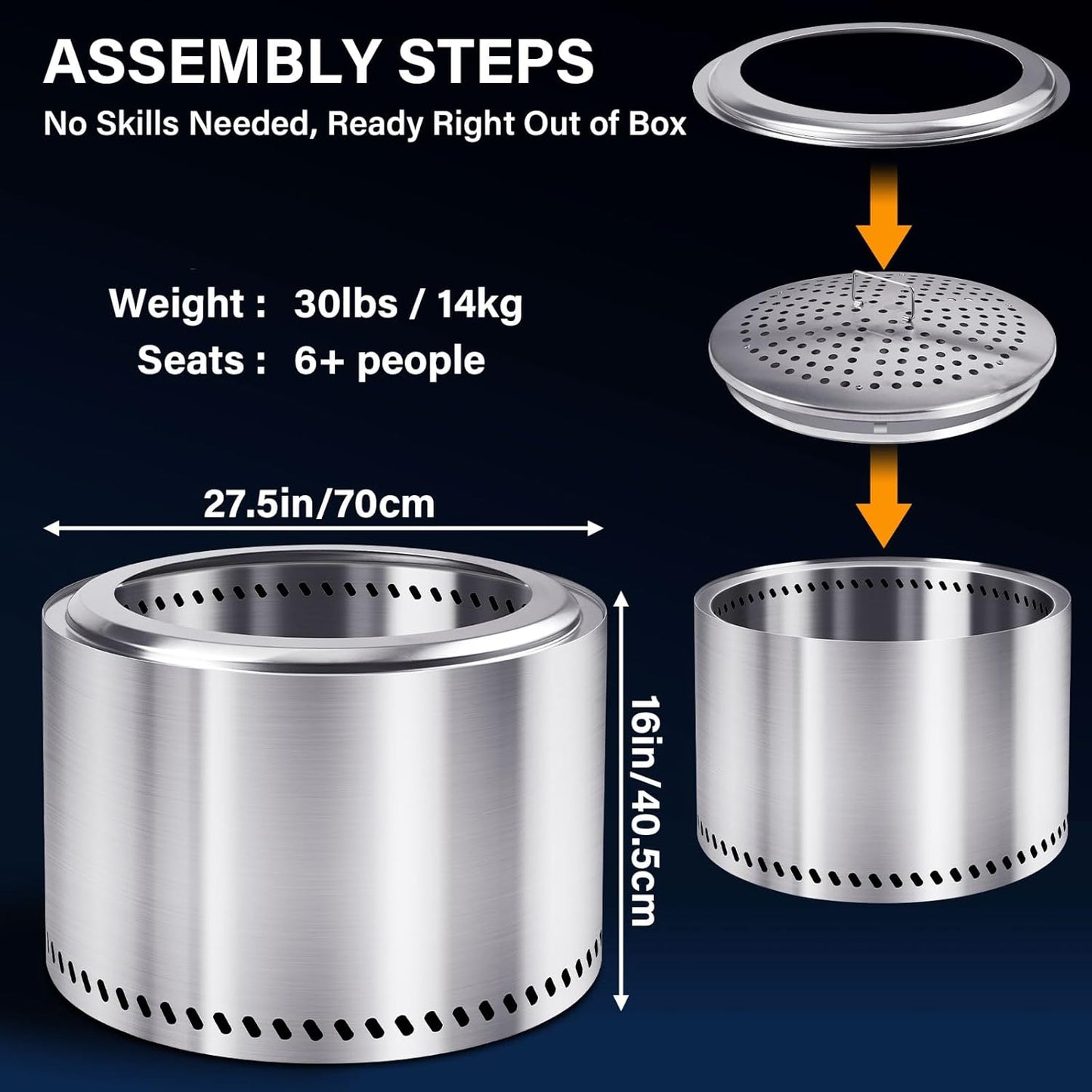 HGD 27.5" Smokeless Fire Pit Outdoor, Stainless Steel Wood Burning Firepit with Secondary Combustion, Backyard Patio Stove for Garden, BBQ & Bonfire