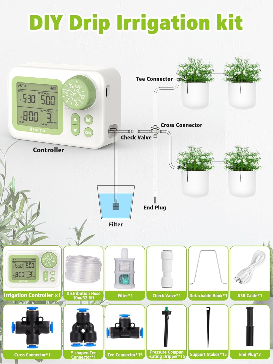 Greennote Automatic Watering System for Indoor Plants - DIY Quick-Connect Kit with Stabilized Flow Emitters, 15 Potted Houseplants Support, Effortless Setup