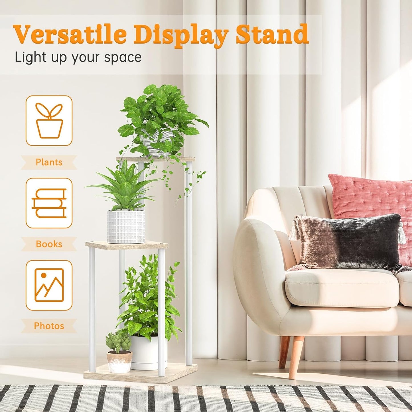 3 Tier Plant Stand Indoor Outdoor, Metal Wood Tiered Corner Plant Stands Pot Holder, Wood Flower Shelf Orchid Display Rack for Living Room Bedroom Balcony Garden Patio, Modern White