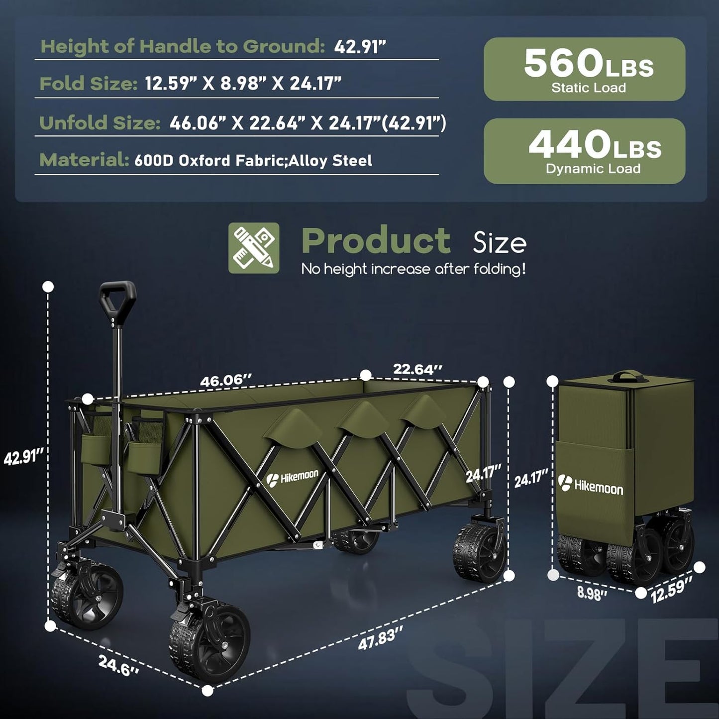 300L Extra Large Wagons Carts Foldable, 560LBS Heavy Duty Collapsible Beach Wagon 48" Long with Big All-Terrain Wheels, Utility Folding Cart for Camping, Grocery, Sports, Garden, Green