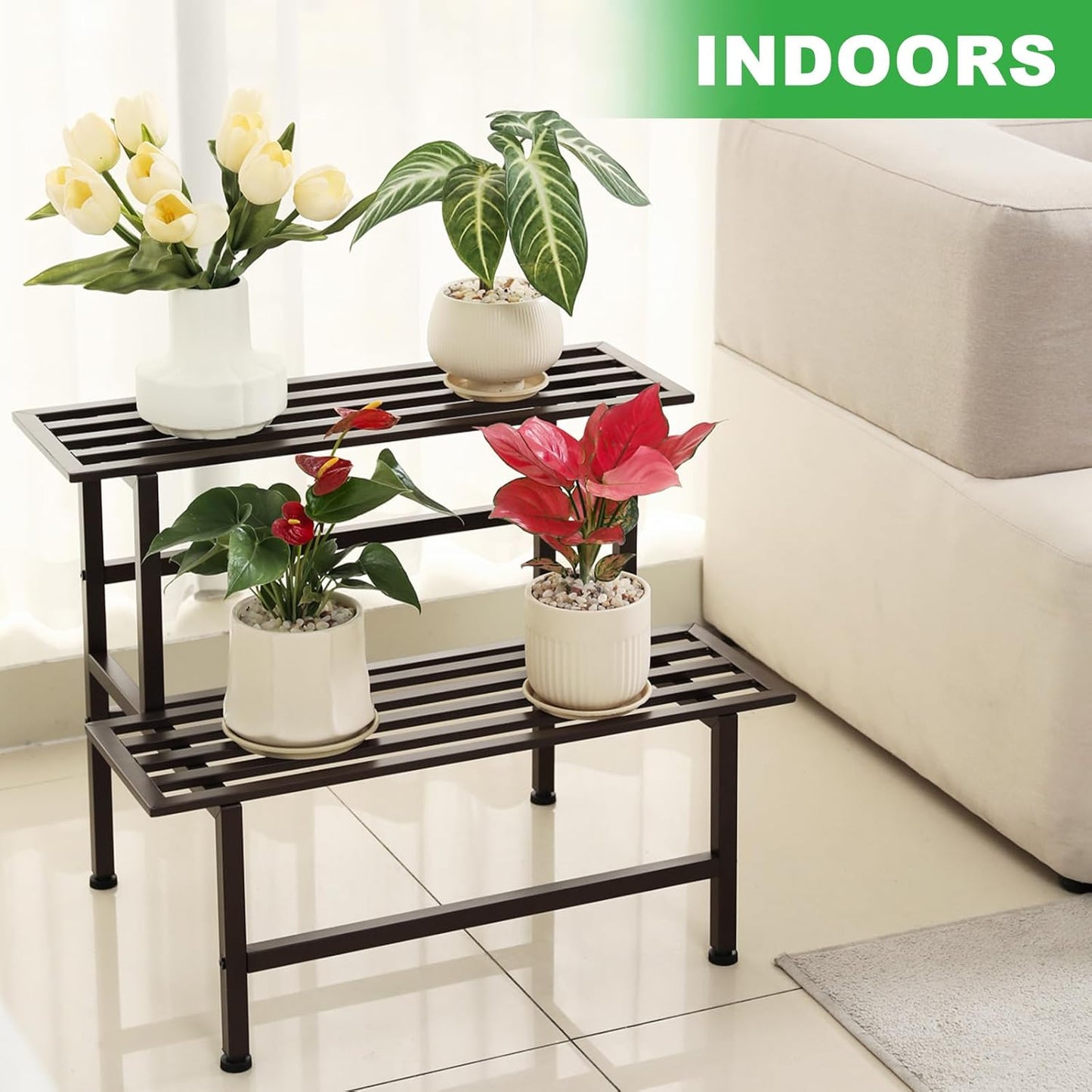 Metal Plant Stand Outdoor Plant Shelf Indoor,2 Tier Heavy Duty Ladder Plant Stands for Multiple Plants,26" L x 20.25" H x 17.75" W,Coffee