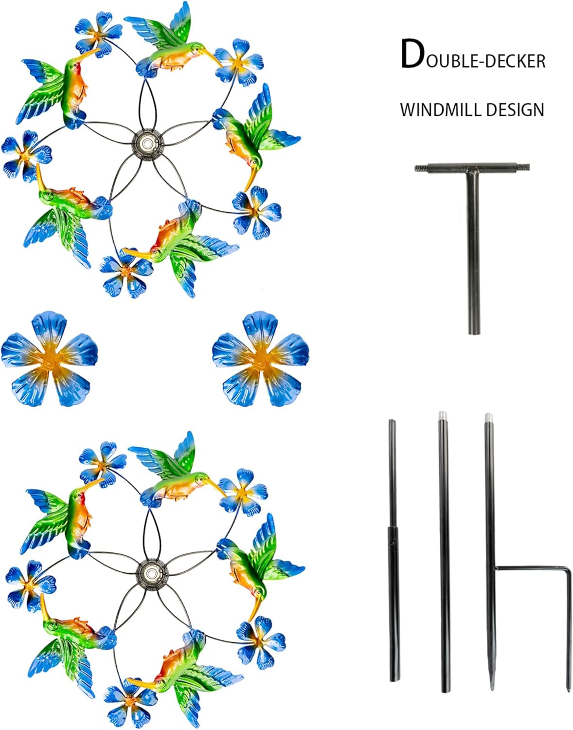 Double Blade Hummingbird Swivel Wind Spinners, Outdoor Garden Spinners 38inch Garden Stakes Decor, Metal Pinwheels for Yard and Lawn