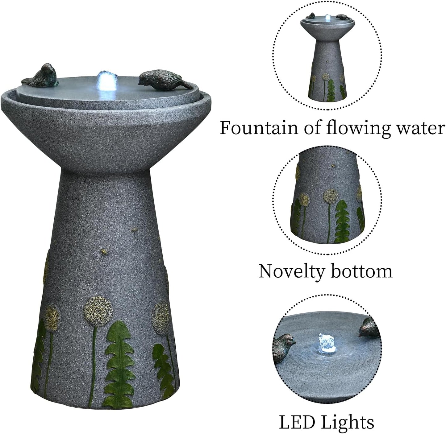 30.7" Outdoor Garden Floor-Standing Water Fountain with LED Light and Pump, Two Birds Embossed Pattern Pedestal Ceramic Watefall for Patio, Backyard, Deck, Porch and Home Art Decor (30.7" Two Birds)