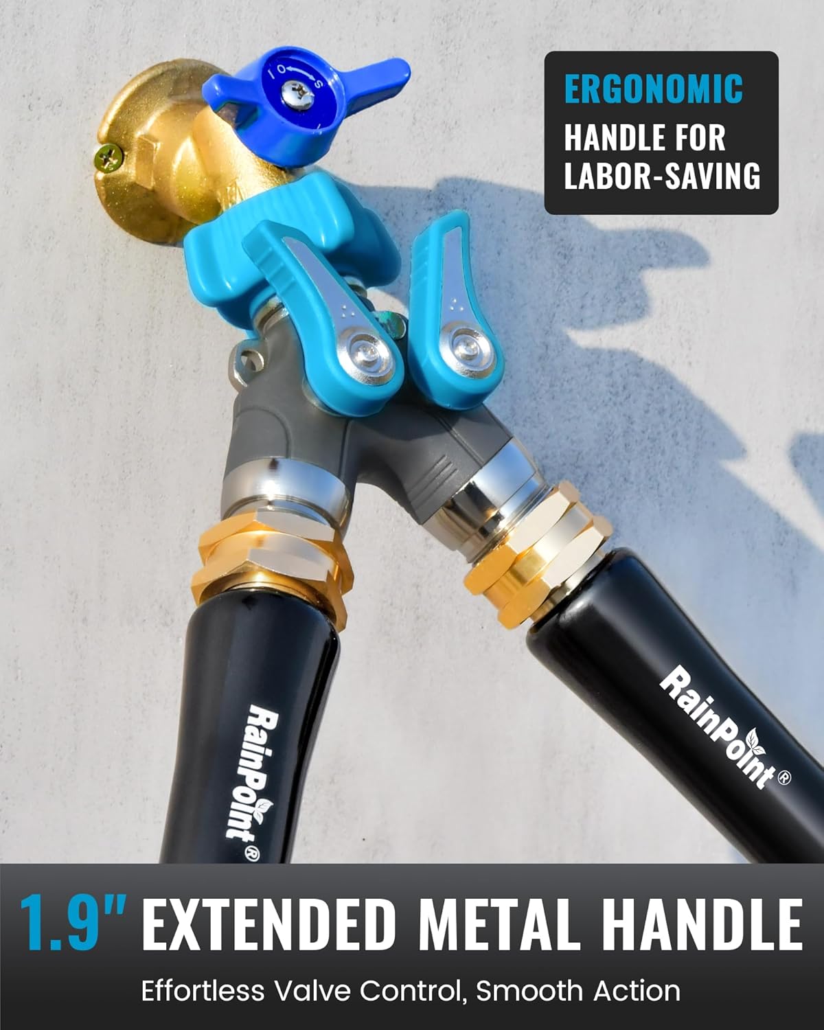 RAINPOINT Garden Hose Splitter, 2 Way Heavy Duty Water Hose Y Spigot Splitter with Shutoff Valves, 100% Metal Body Outdoor Faucet Splitter, 1.9" Extra Long Metal Handle, 3/4" GHT Thread (1, Blue)