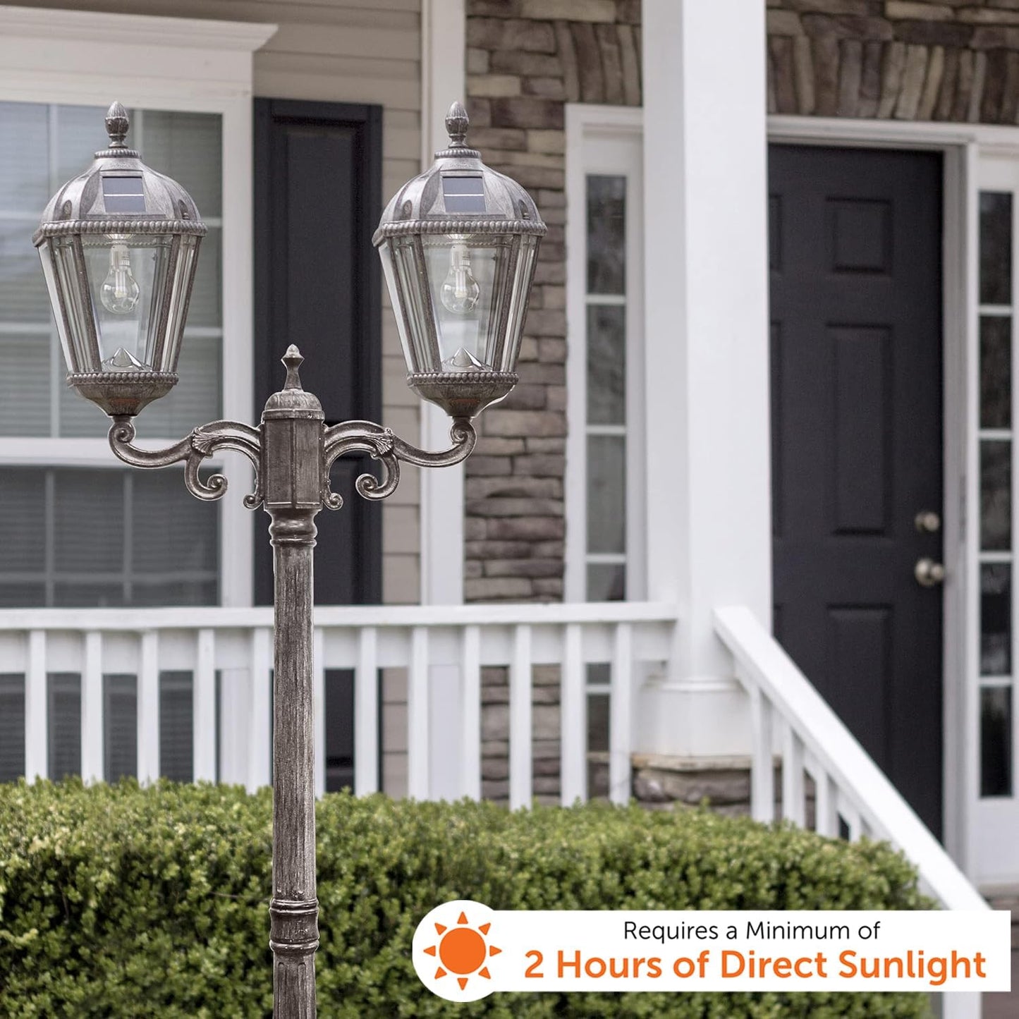 Gama Sonic Outdoor Solar Lamp Post Light Kit, Royal Bulb 300 Lumens, Double Head Weathered Bronze Cast Aluminum Post Lamp and Light Pole, Warm White Light 2700K, 98B302 (Upgraded Battery and Panel)