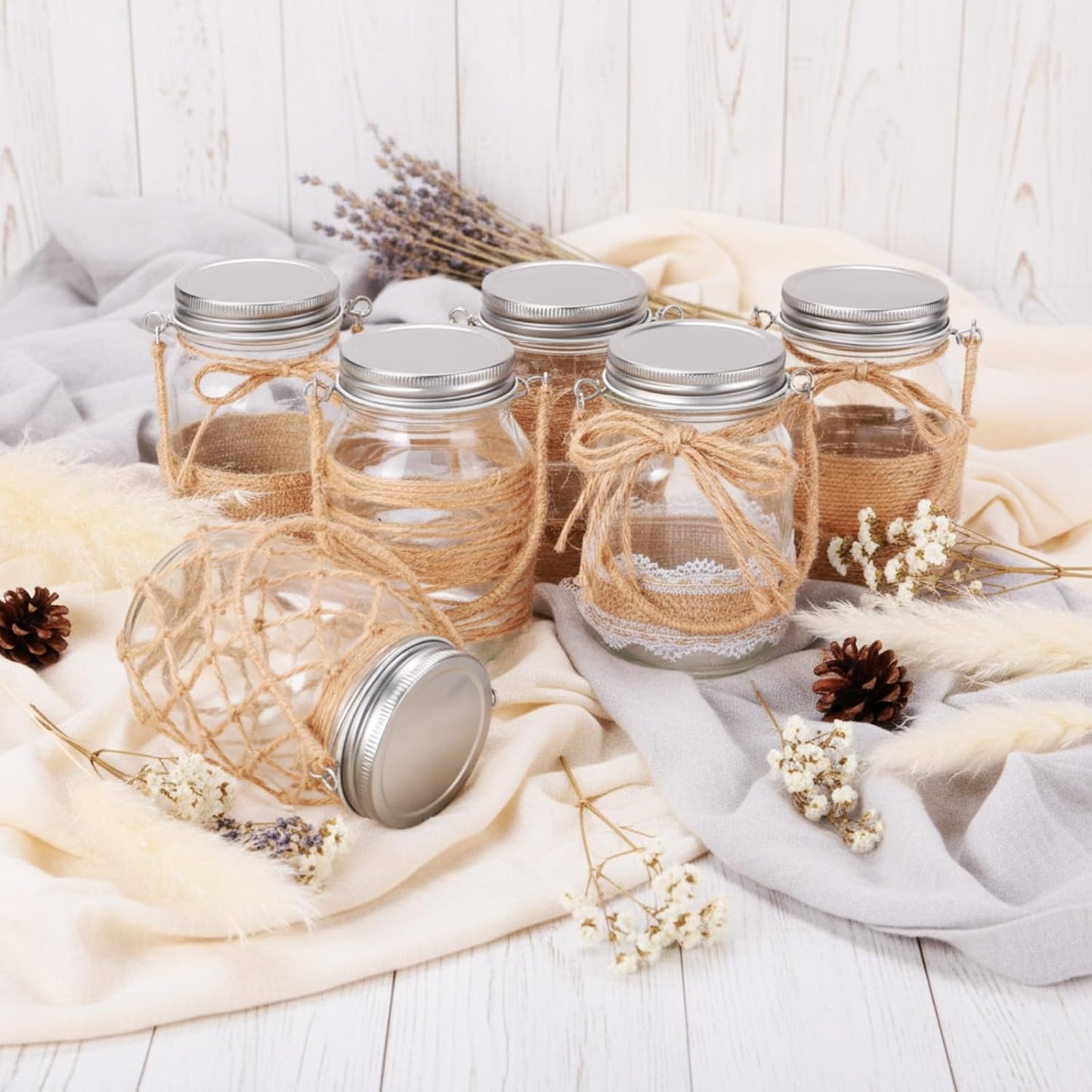 6 Pcs 5 Inch Small Hanging Mason Jars with Handles and Lids Decorative Glass Bottles Rope Net Glass Vase for Home Table Centerpiece Farmhouse Wedding Party decoration