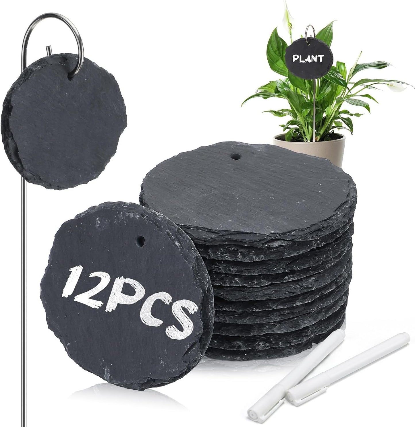 12 Sets Plant Labels Slate Plant Tags Garden Sign Marker Weatherproof Reusable Natural Slate Garden Sign Hanging Tag with Metal Stake and Pen for Outdoor Flower Vegetable(Oval)