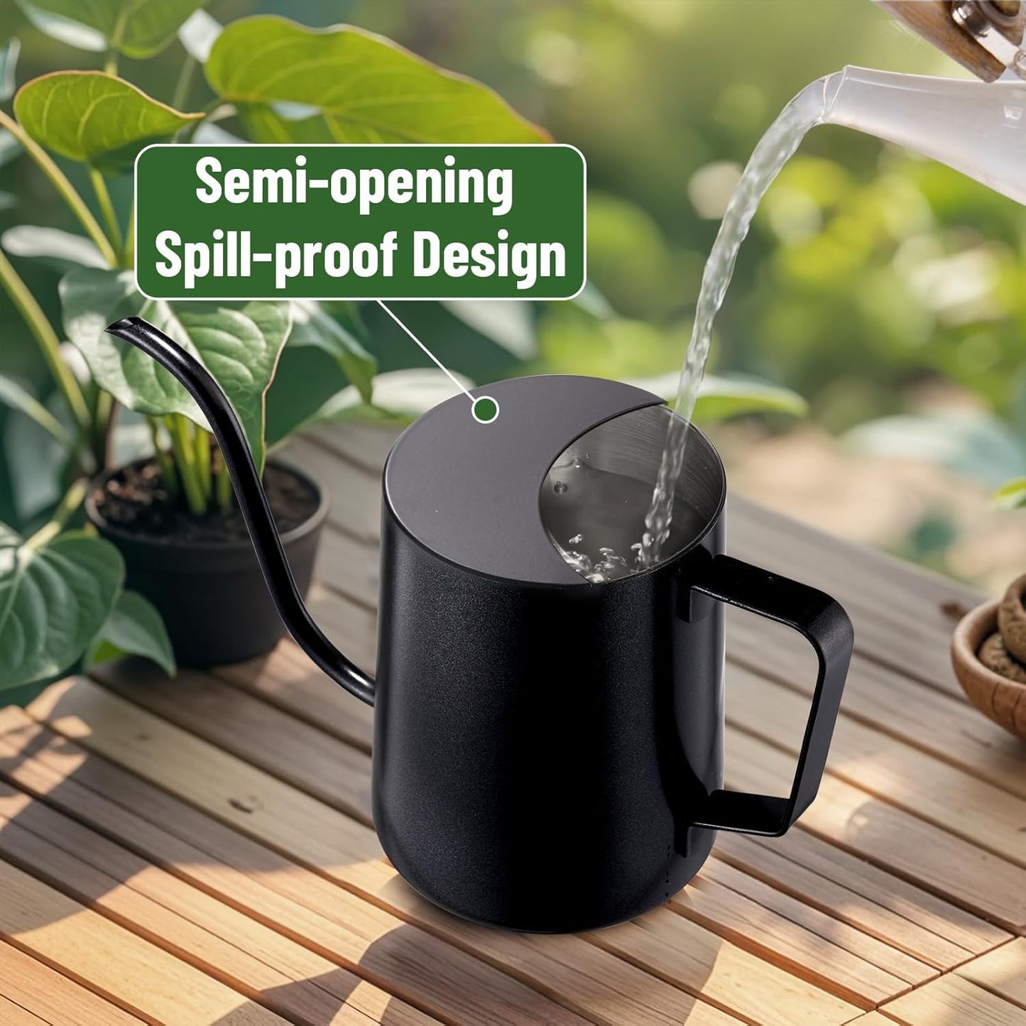 20oz/600ml Watering Can Indoor Plants, Stainless Steel Plant Watering Can with Long Spout (Black)