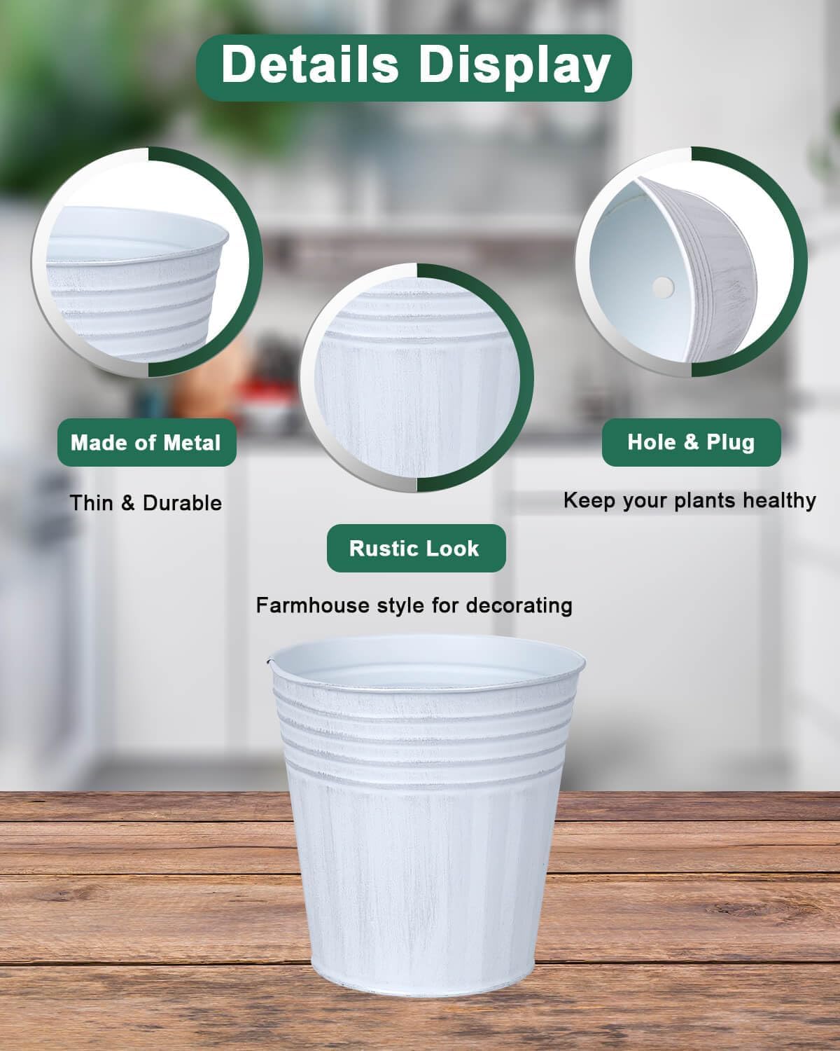 6 Inch White Metal Rustic Flower Pots - 6Pcs Galvanized Planters with Drainage Hole and Rubber Plug, Rustproof Metal Bucket Plant Pots Farmhouse Vintage Style for Decor