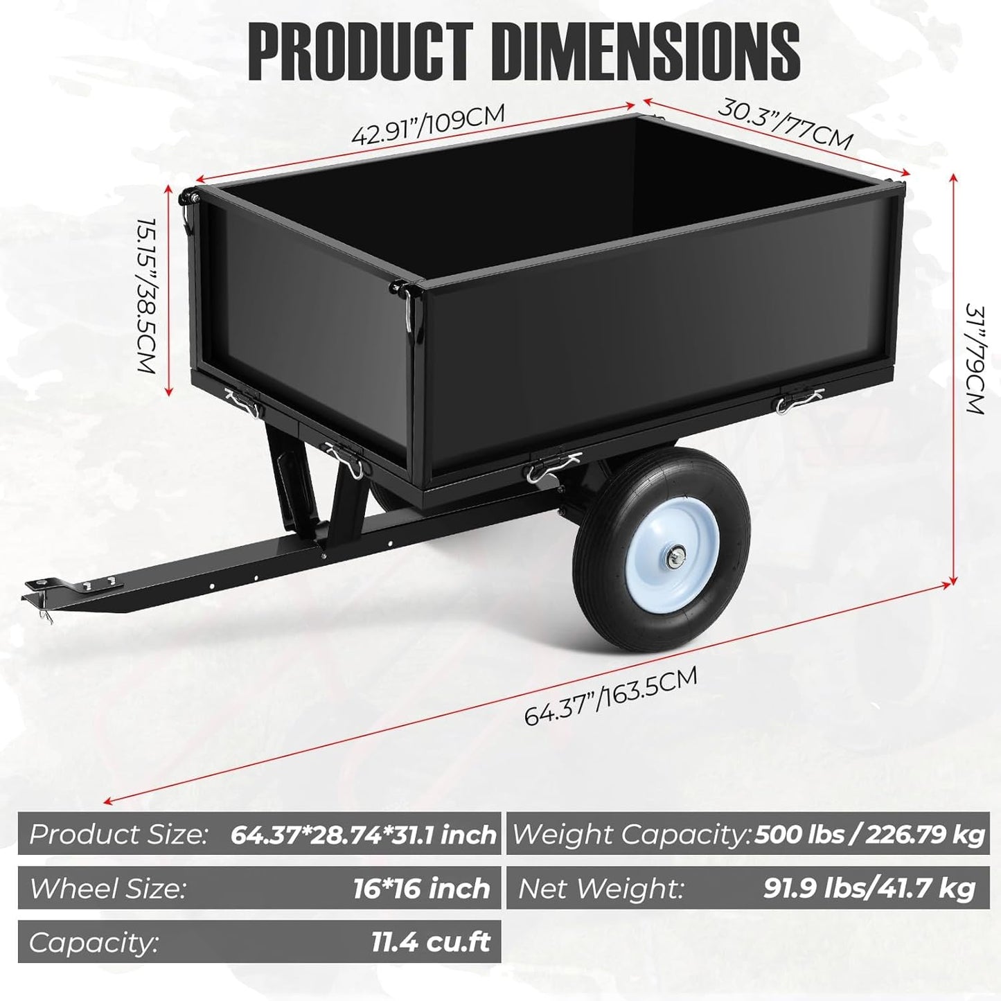 500LB Heavy Duty Steel Dump Cart Trailer - 11.4 Cu Ft Capacity Tow Behind Utility Trailer for ATV, Lawn Tractor, Riding Mower - Removable Tailgate & Dumping Feature, Black
