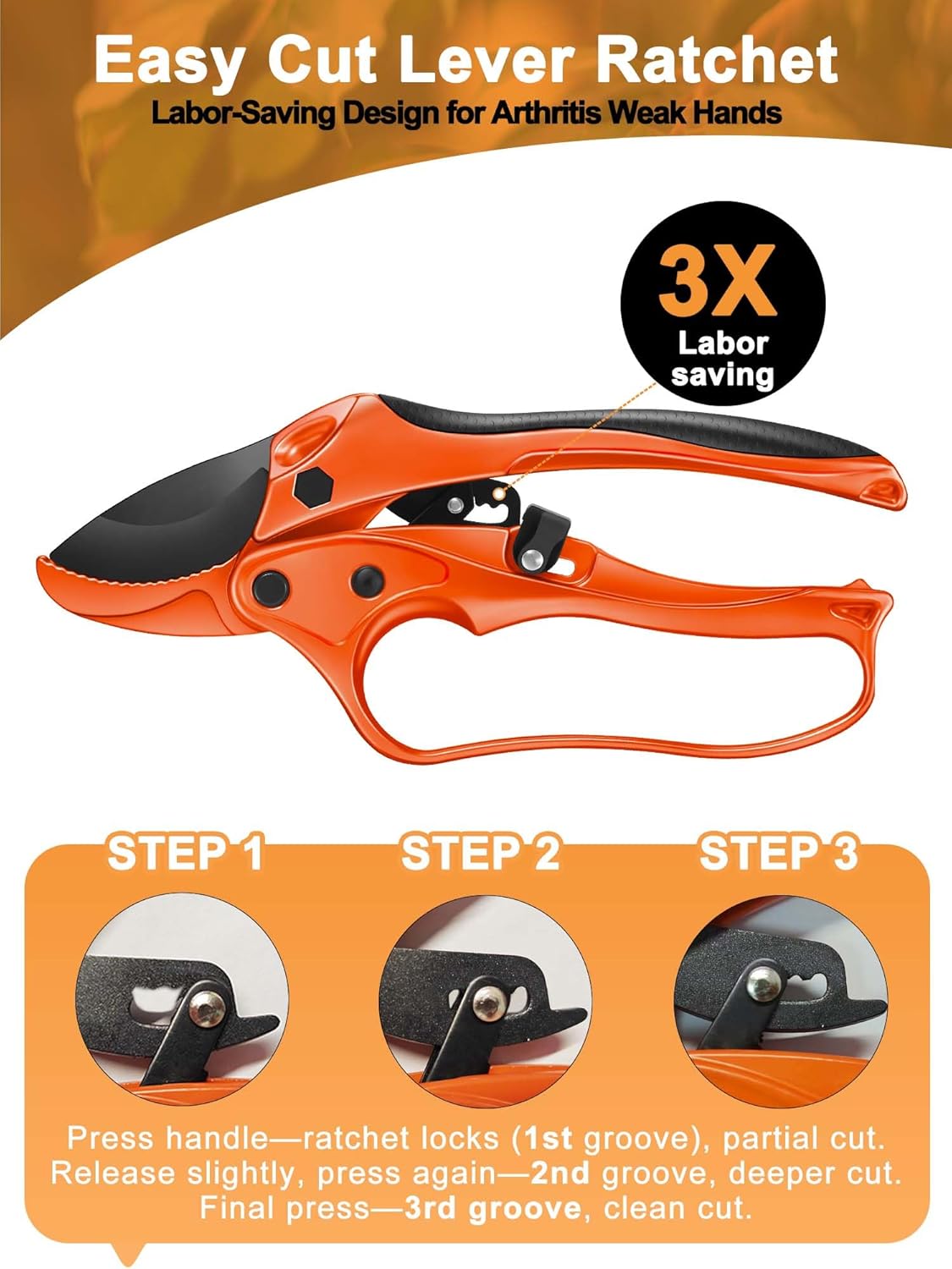 Ratchet Anvil Pruning Shears for Gardening Heavy Duty, Labor-Saving Design Garden Clippers for Arthritis Weak Hands, 3/4" Cut Capacity Branch Cutter for Tree Trimming, Flower, Rose, Plant