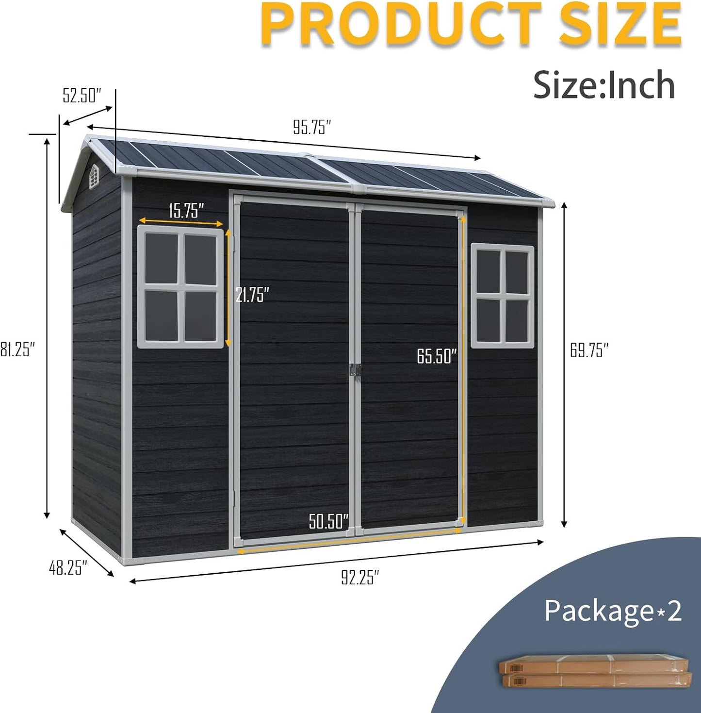 8x4 ft Outdoor Resin Storage Shed with Floor, Waterproof Plastic Garden Shed with Lockable Door and Two Windows, All-Weather Tool Sheds for Backyard, Patio, Lawn (Black)