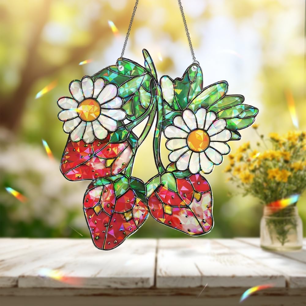 Strawberry Suncatcher – Daisy Flower Window Hanging, Fruit Sun Catchers Indoor Window Ornament for Kitchen and Garden Décor, Plant Gifts for Women, Grandma, Mother's Day, Christmas