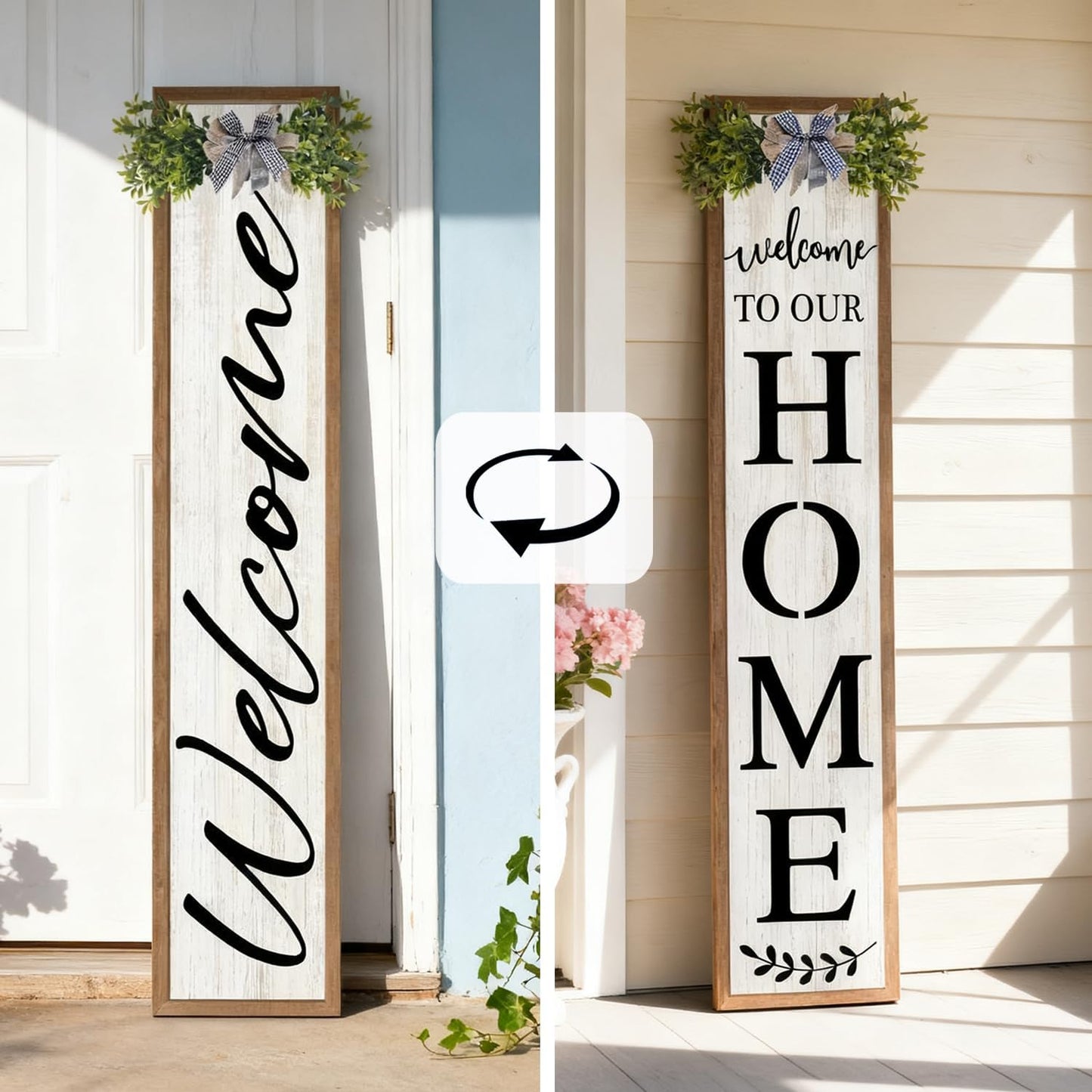 Double-sided Welcome to Our Home Wooden Sign Stand with Magnetic-adhesive Wreath for Front Door, 47" Vertical Farmhouse Welcome Porch Sign for Outdoor Patio Garden, 2in1 Large Tall Porch Leaner Decor