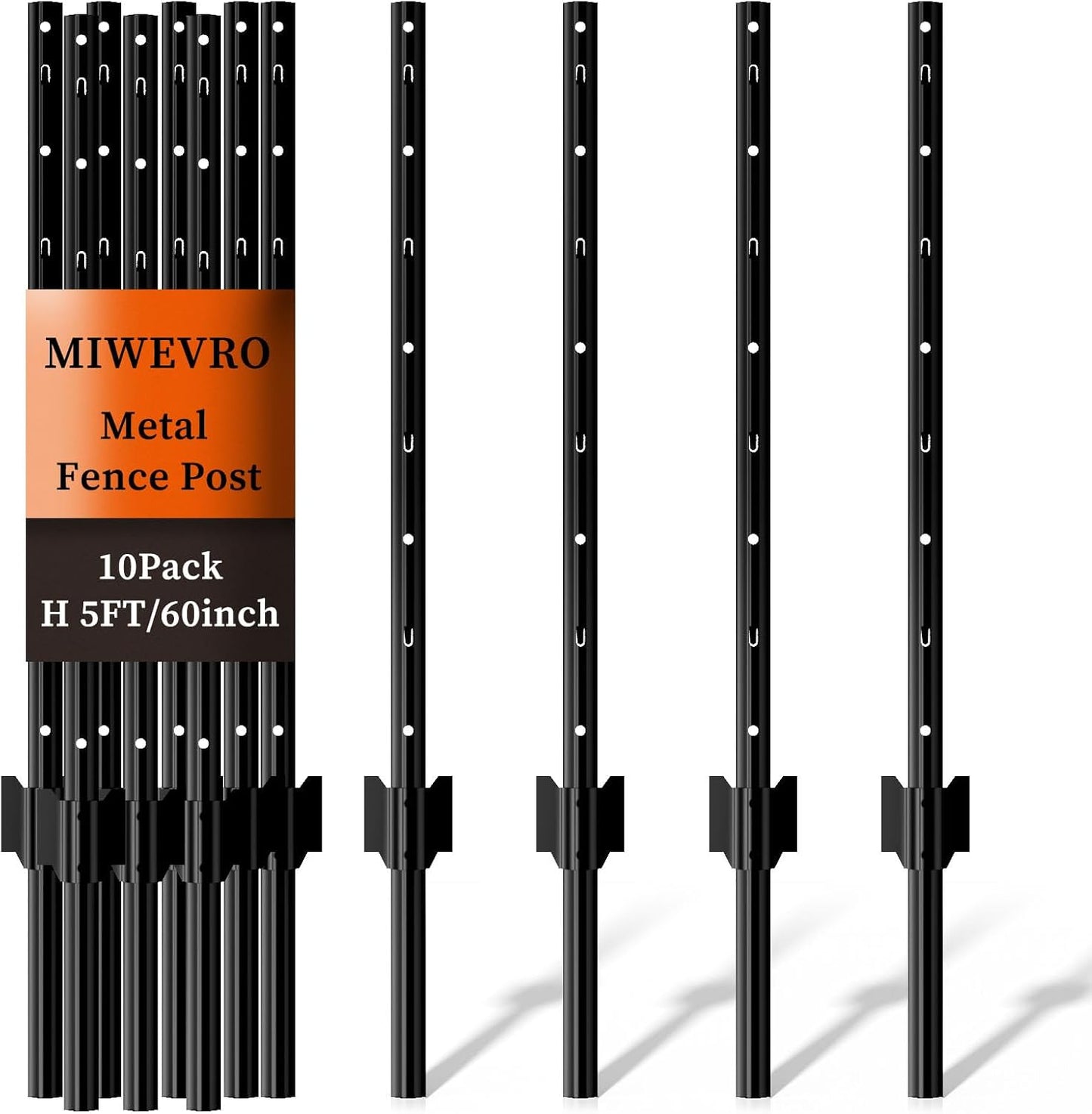 10 Pack Garden Fence Post, 5 Feet Heavy Duty Metal U-Post for Wire Fence, No Dig Garden Fence Stakes for Temporary Fencing, Electric Fence Wire, Corner Anchor, and More-Black