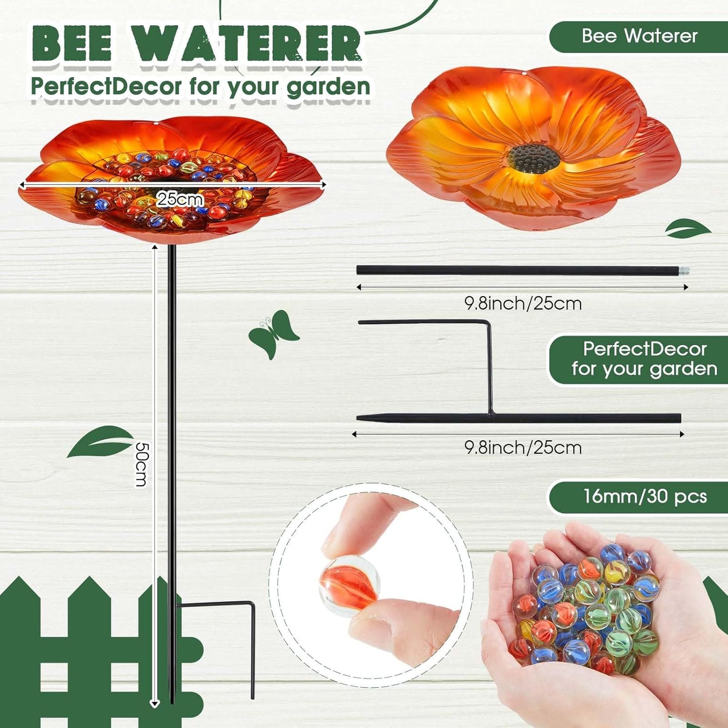Tandefio Vivid Flower Bee Watering Station Metal Butterfly Water Feeder Cup with 30 Colorful Glass Marbles Bee Feeder Butterfly Bath Bowl for Garden Outdoor Yard Decors(Golden Brown,Flower)