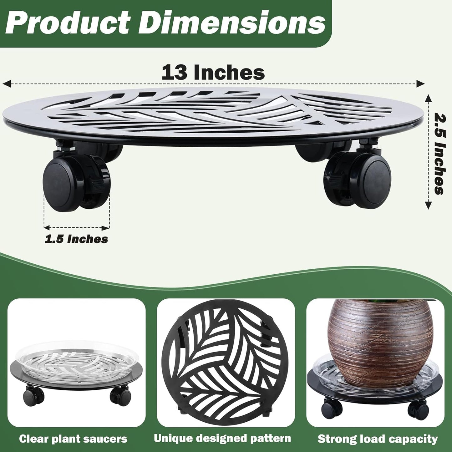 4 Packs Large Metal Plant Caddy with PU Wheels 13" Heav-duty Wroght Iron Rolling Plant Stands Indoor Outdoor Wheeled Plant Dolly Planter Mover Rollers Plant Trolley Cart, Plant Saucers Included