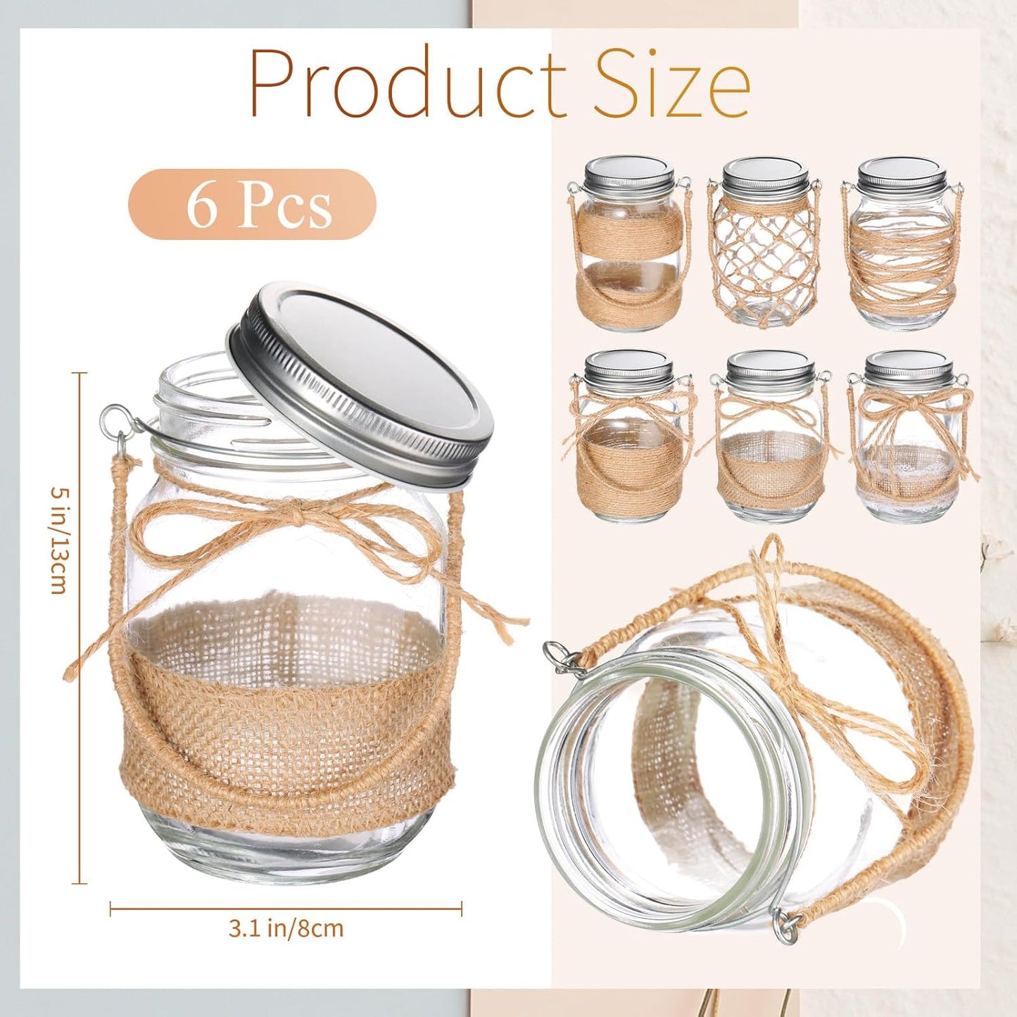 6 Pcs 5 Inch Small Hanging Mason Jars with Handles and Lids Decorative Glass Bottles Rope Net Glass Vase for Home Table Centerpiece Farmhouse Wedding Party decoration