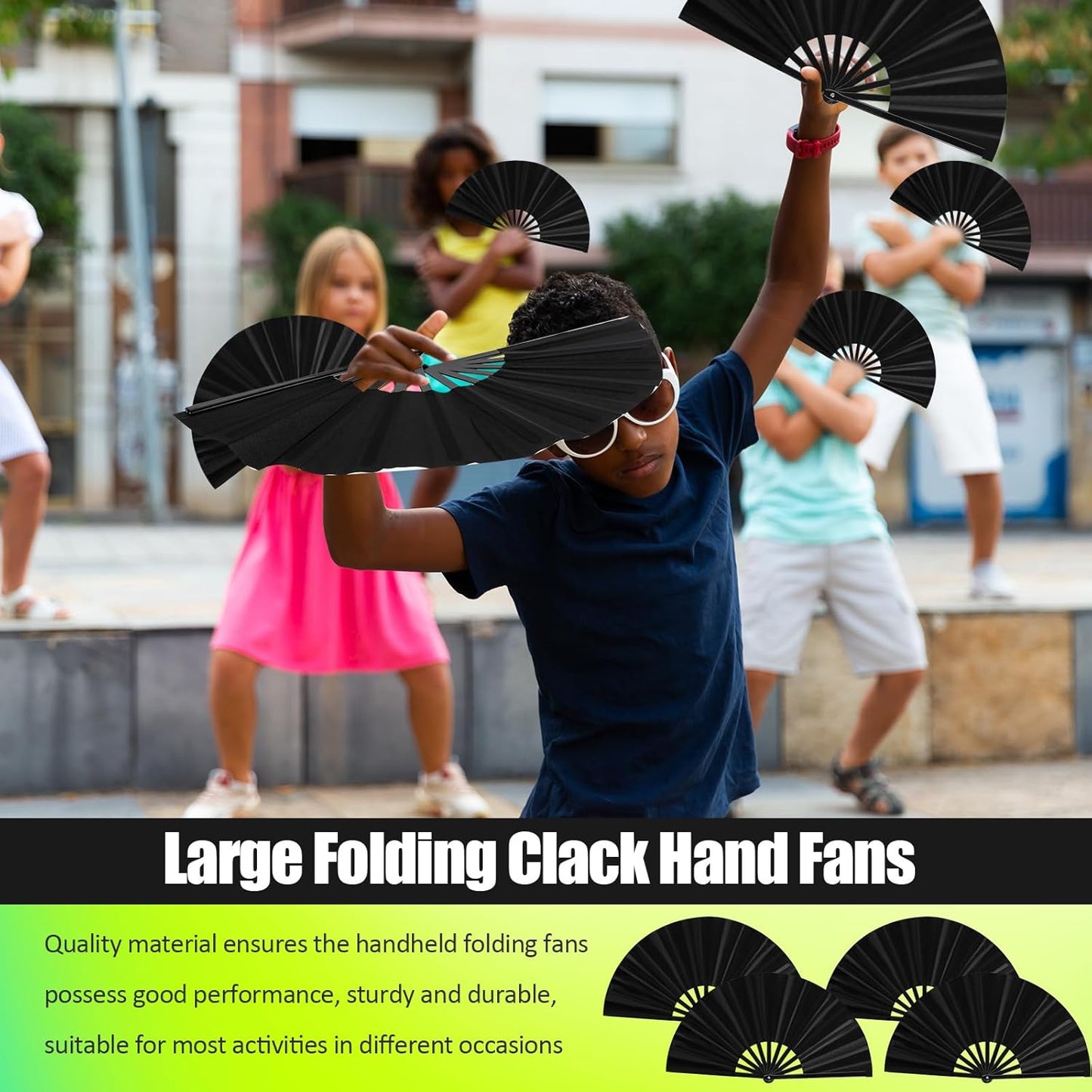 Blulu 4 Pcs 11 Inch Large Folding Hand Fans for Line Dancing Clapping Popping Rave Fans for Kids Women Men for Dancing Boots on The Ground Festival Party Decoration(Classic Style, Black)