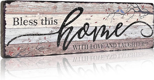 Home Sign Wall Decorations for Living Room Bless - This Home with Love and Laughter - Family Wall Decor Signs for Kitchen Bedroom Dining Room 16x5 Inches