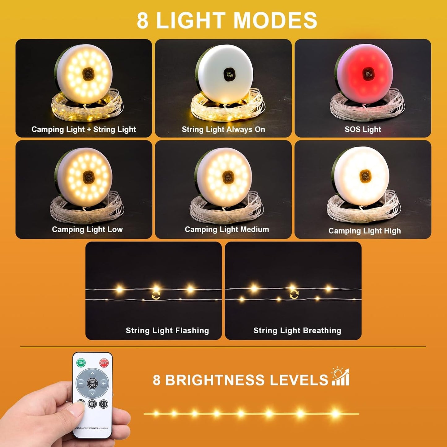 Solar Camping String Lights, 4 in 1 Quick Storage 33FT Rechargeable Tent Lights with 8 Lighting Modes, Hanging Waterproof Portable Retractable LED Lamp for Outdoor, Patio, RV, Awning, Garden, Party