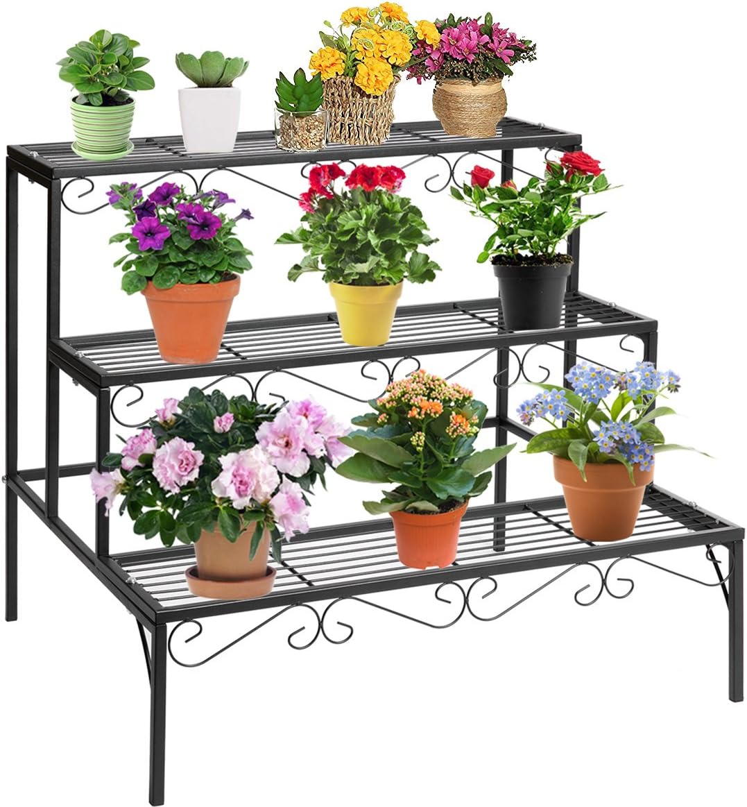DOEWORKS 3 Tier Stair Style Metal Plant Stand, Garden Shelf for Large Flower Pot Display Rack Indoor Outdoor, Black
