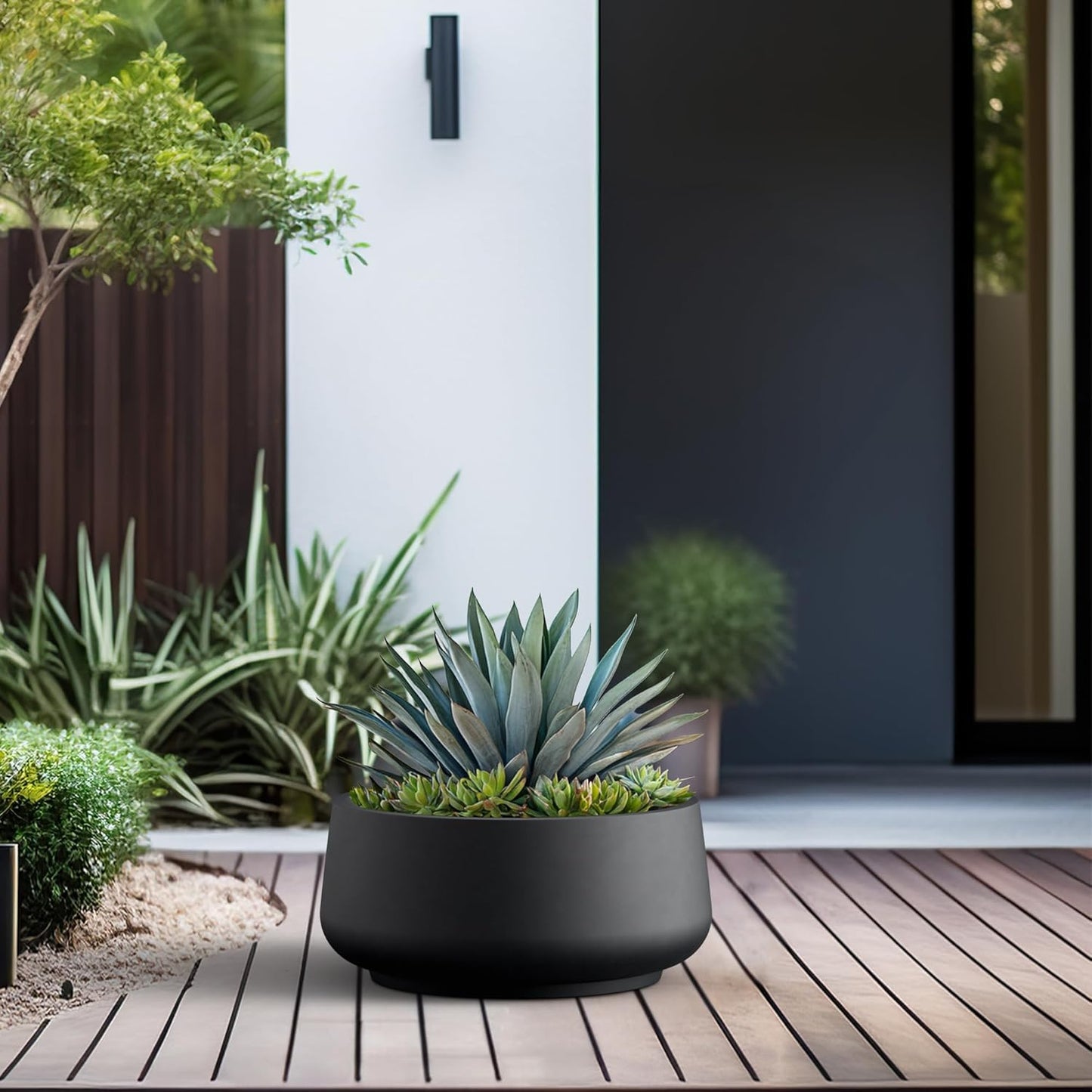 Kante 16.1" Dia Round Curvy Concrete Planter, Large Plant Pots with Drainage Hole and Rubber Plug for Indoor Outdoor Plants, Flower Pot for Home Garden Patio Porch, Black