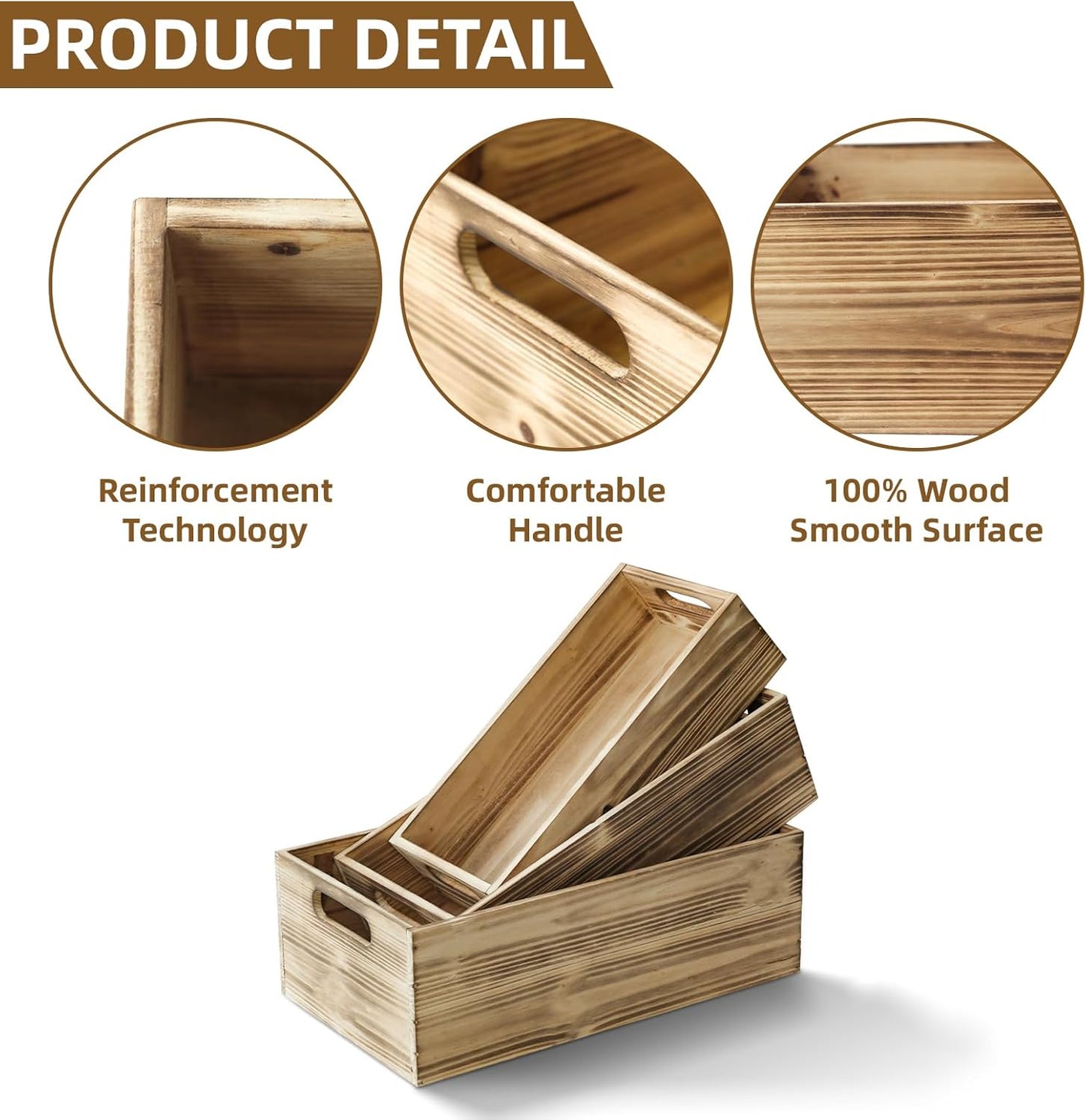 Wooden Boxes, Large Wooden Crates Set of 3 Vintage Torched Brown Wood Storage Crates for Display Home Party Office Bedroom Kitchen Closet